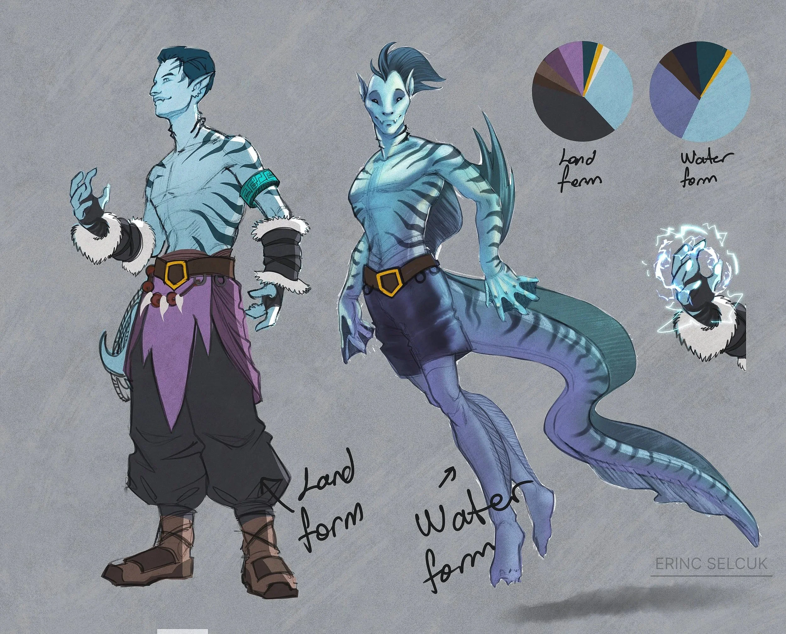 This image features a digitally illustrated character with blue skin, black hair, and elf-like ears. The character has a muscular build, striped markings on the body, and a long tail. To the left, a person dressed in fantasy-style medieval trousers, 