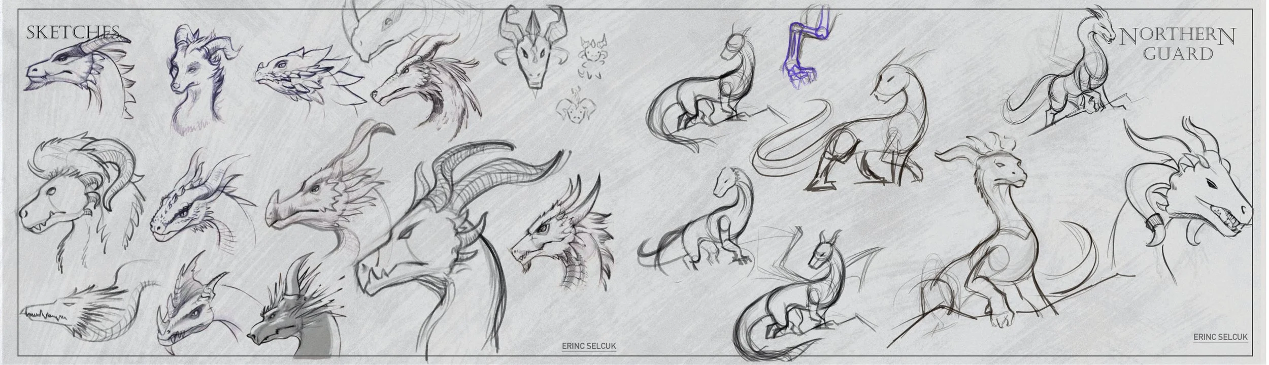 A collection of character concept sketches of dragons and mythical creatures, including various head and full-body views, with some including horns, scales, and facial expressions.