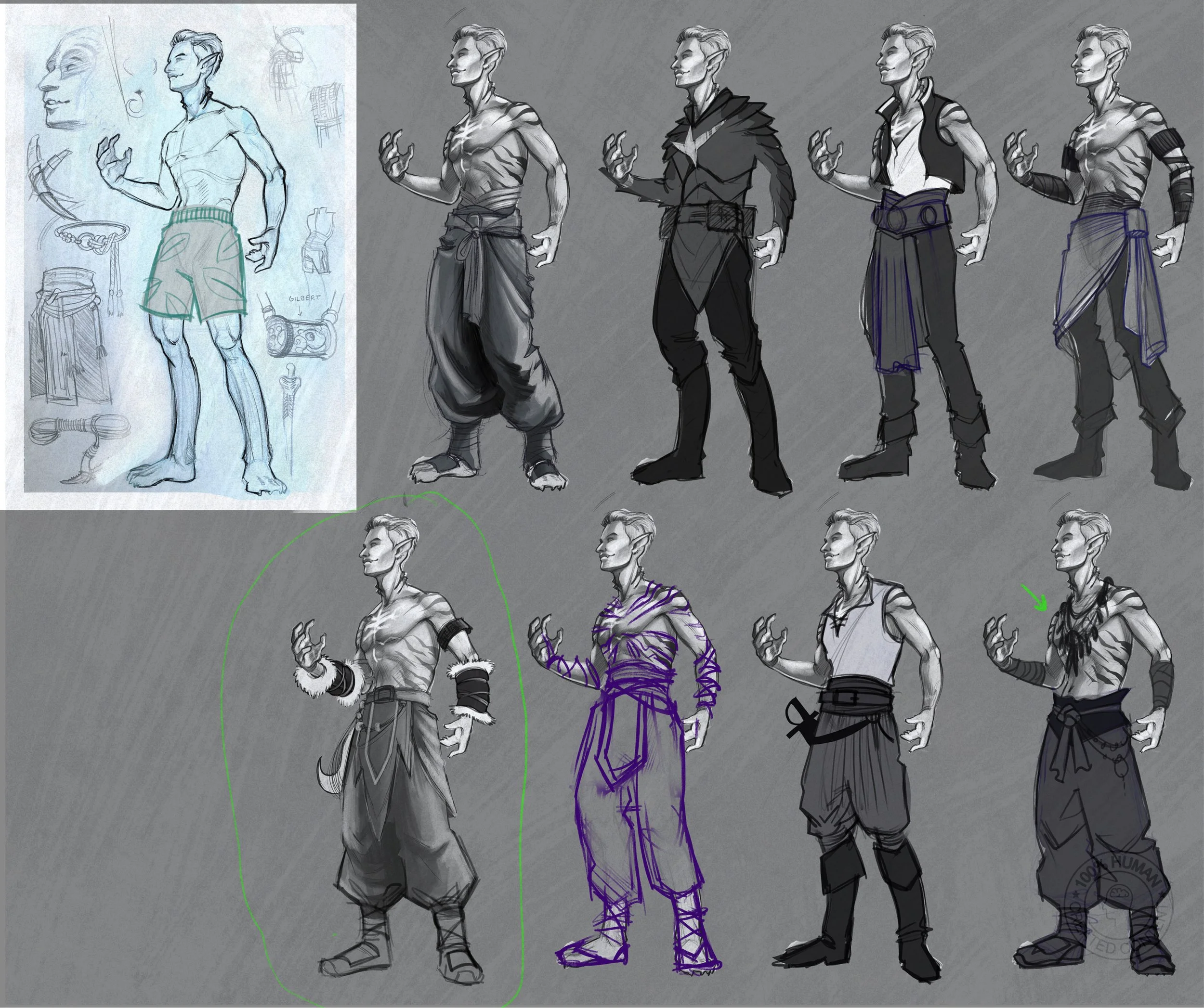 Progression of character development sketches of an elf-like humanoid figure with pointed ears, showing initial rough sketches, inking, and detailed coloring, including clothing and arm accessories.