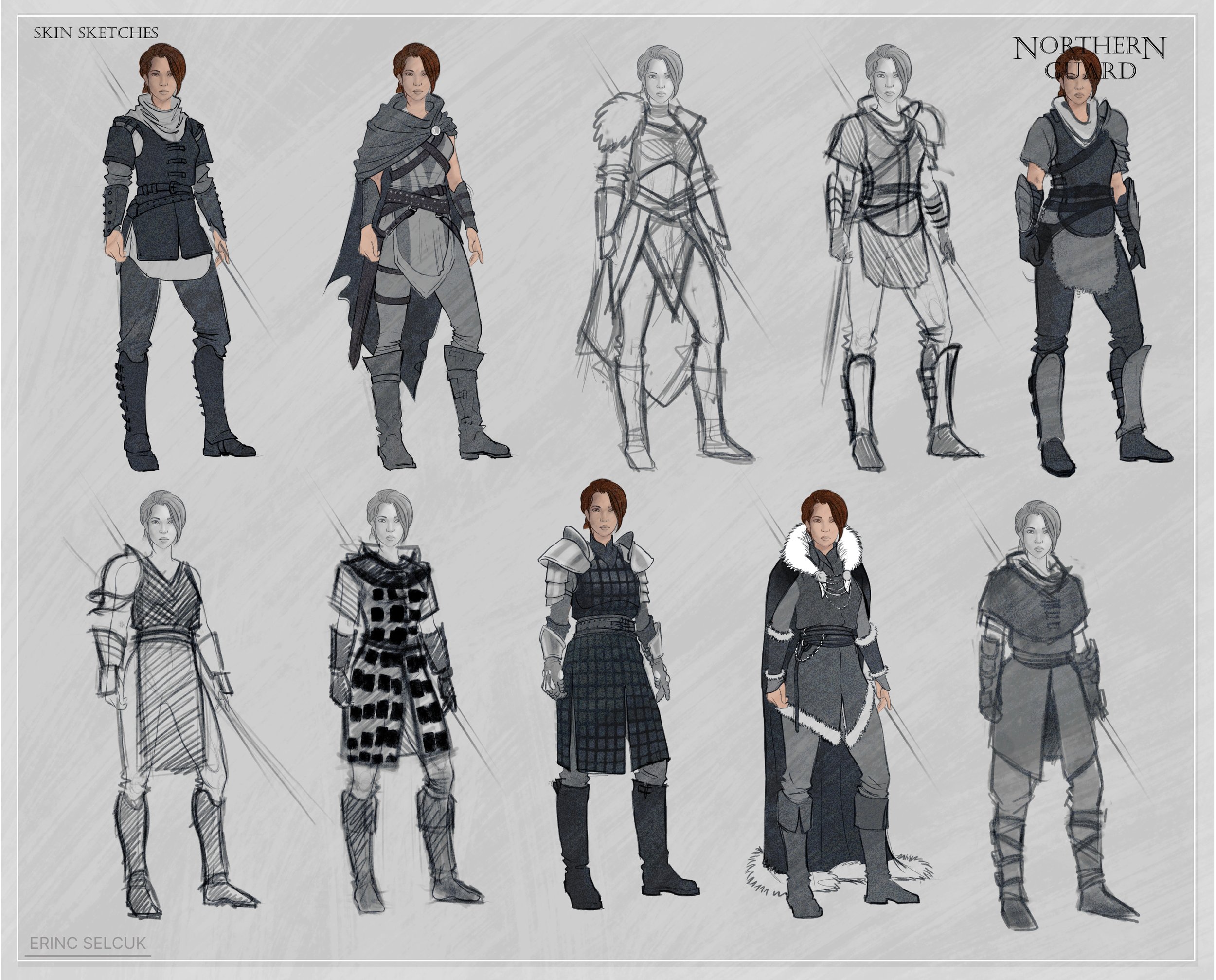 Collection of character costume sketches, featuring outfits with varied armor, cloaks, and fashion details for a fantasy or sci-fi setting, some colored and some in black and white.
