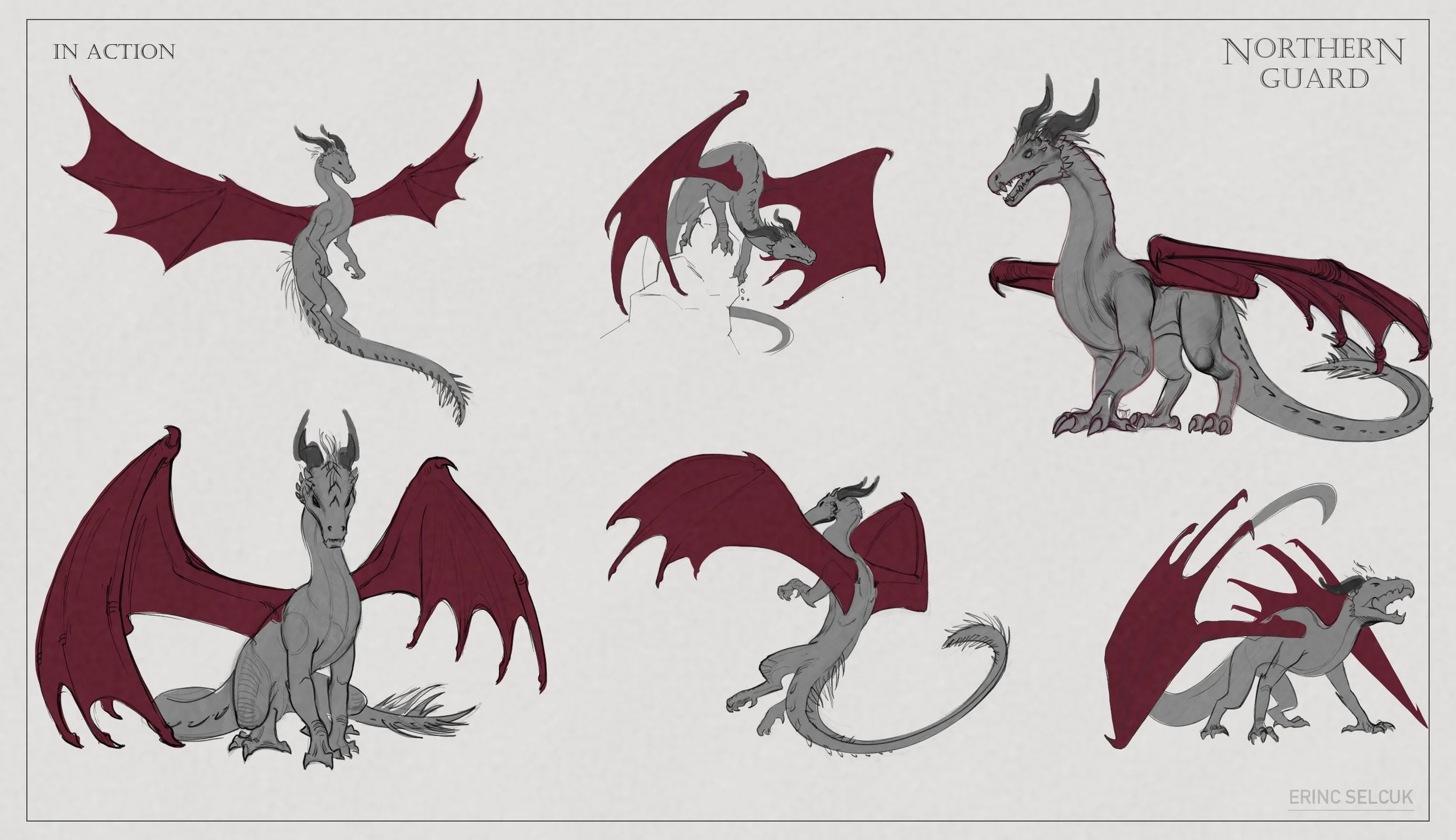 Character sketches of a dragon with gray body and red wings in various poses.