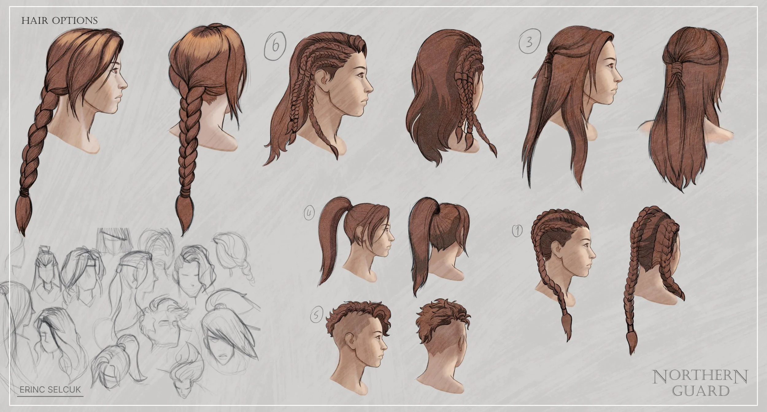 Drawings of different hairstyles for women and men, labeled with numbers, with some sketches and colored illustrations, titled 'Hair Options' and 'Northern Guard'.