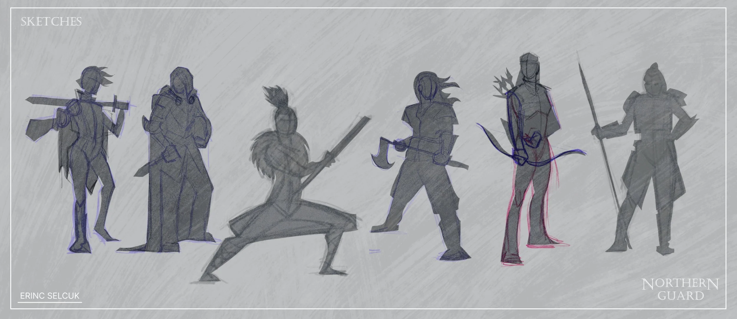 Series of character sketches for a project titled 'Northern Guard' by Erin Selcuk, featuring seven fantasy warrior silhouettes in armor with weapons, drawn in a rough, sketch style.