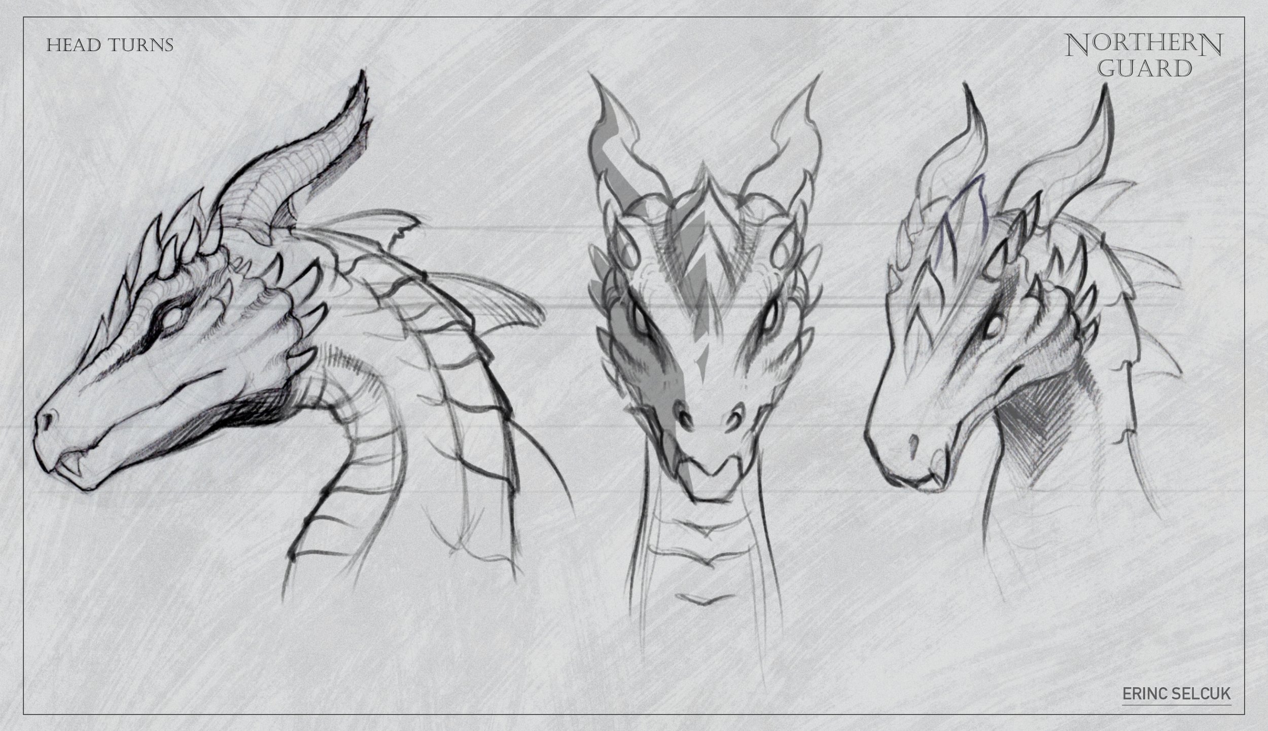 Concept sketch of three different dragon head designs, labeled 'Head Turns' and 'Northern Guard', with the artist's name ERIN SELCUK.