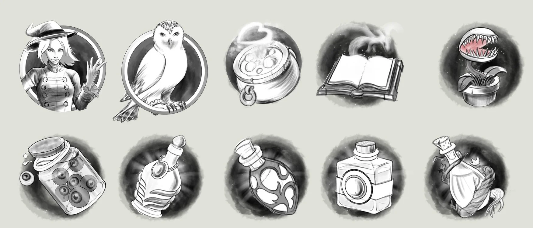 A collection of game icons in black and white, including a witch, an owl, a cauldron, an open book, a plant in a pot with teeth, jar of eyeballs, a potion bottle, a decorated potion, a potion with a cork, and a potion with a twined rope.