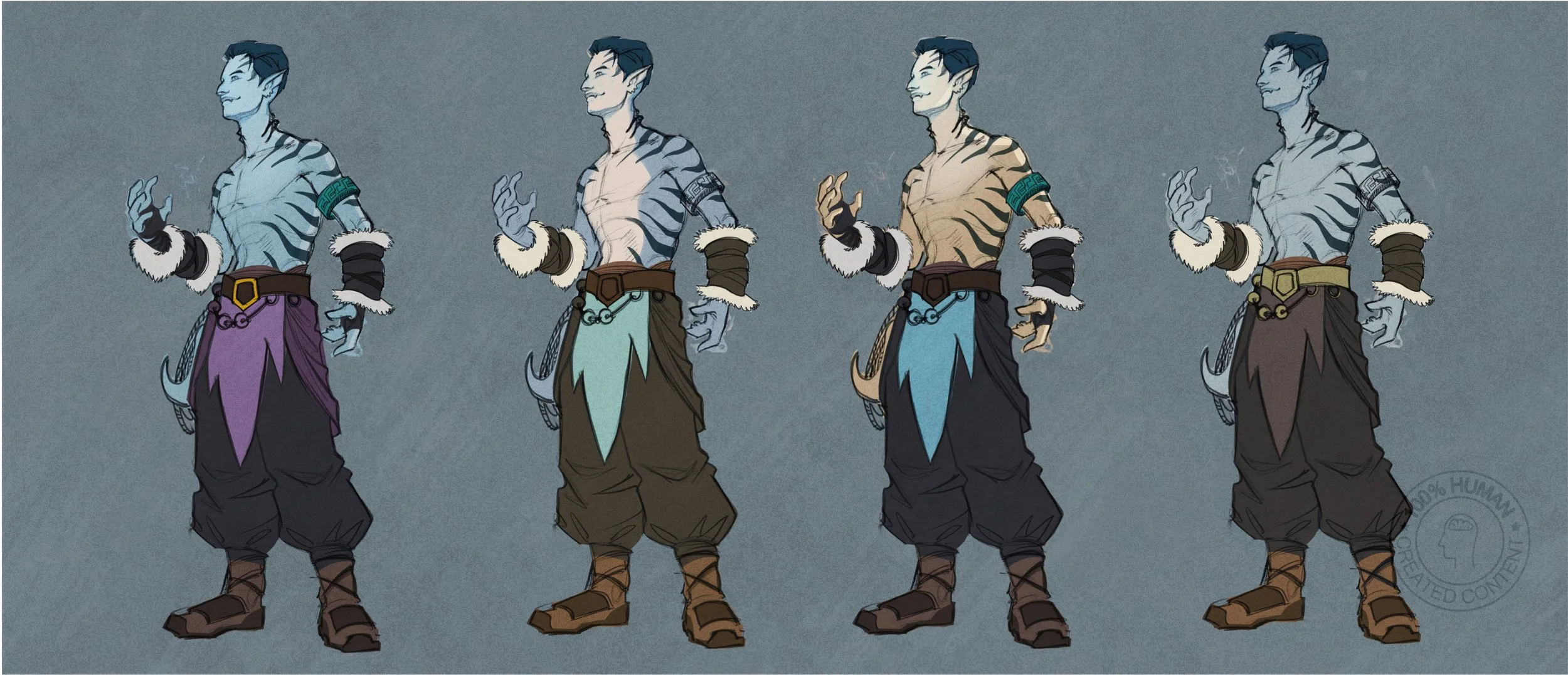 Sequential character concept art showing four variations of an elf with blue hair, pointed ears, and tribal-style clothing in different color schemes.