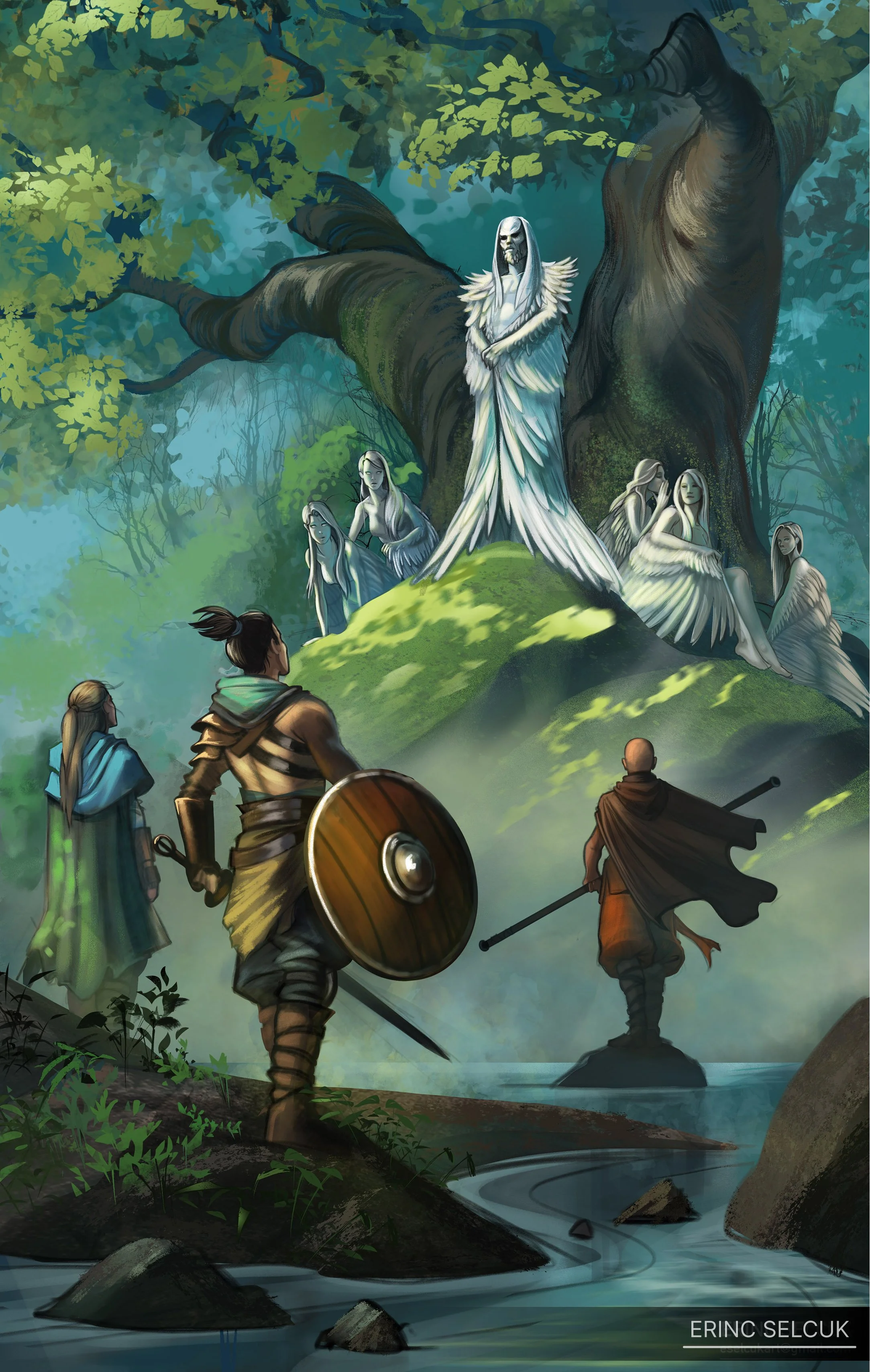 A fantasy scene with four warriors confronting a large, ghostly figure with pale skin, long white hair, and feathered clothing sitting on a mossy hill in a forest. The warriors are armed and appear cautious, watching the ghostly figure.