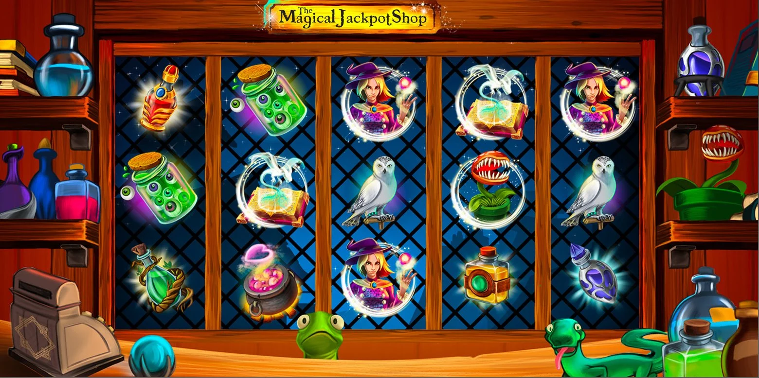 A digital illustration of a magical potion shop with shelves of colorful potion bottles, books, and mystical items. There are magical icons and creatures, including owls, frogs, and a plant, displayed behind a wooden counter.