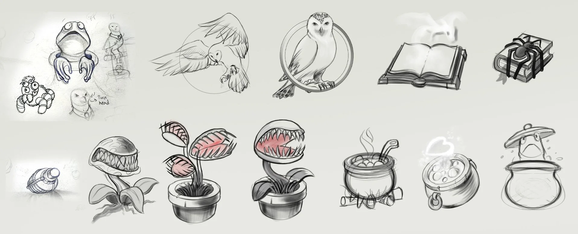 Sketches of various creatures, plants, and objects including frogs, birds, a book, a gift, a potion, and plants with sharp teeth resembling Venus flytraps.