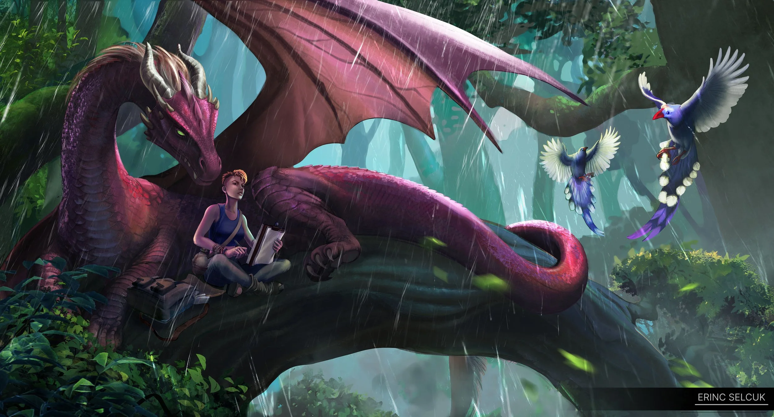 Digital artwork of a young woman with short hair sitting on a tree branch in a rainforest, holding a sketchpad. She is accompanied by a large, pink dragon with green eyes and prominent horns, resting beside her. Two colorful, bird-like dragons with l