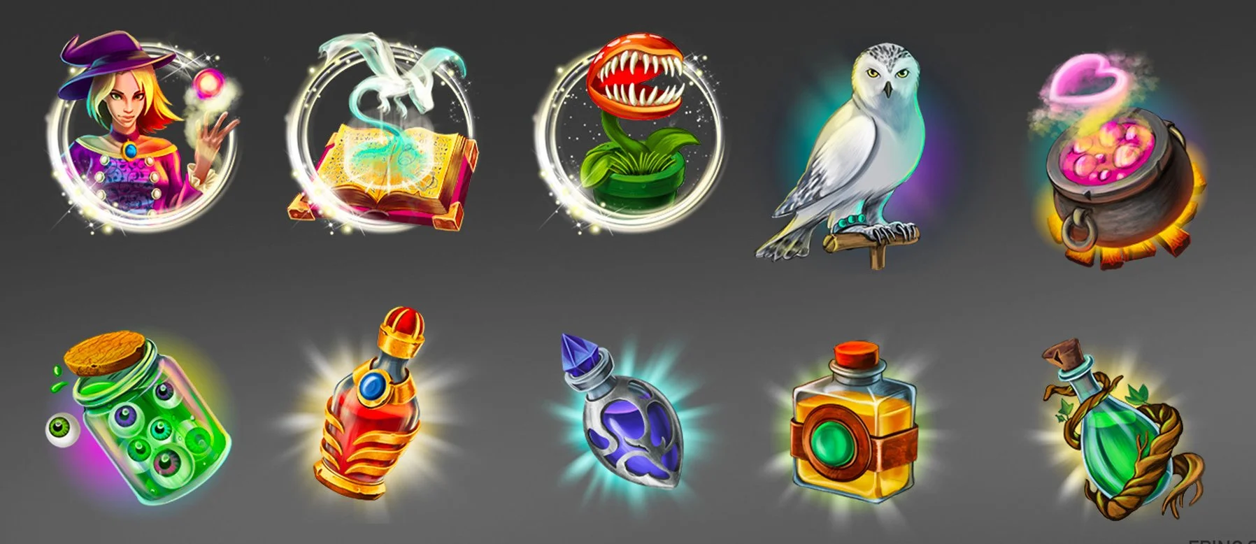 Collection of fantasy-themed icons including a witch, a magic book, a potted plant with a carnivorous plant, a white owl, a cauldron with pink potion, a jar with green eyes, a potion bottle with red liquid, a blue potion with a skull, a yellow potion