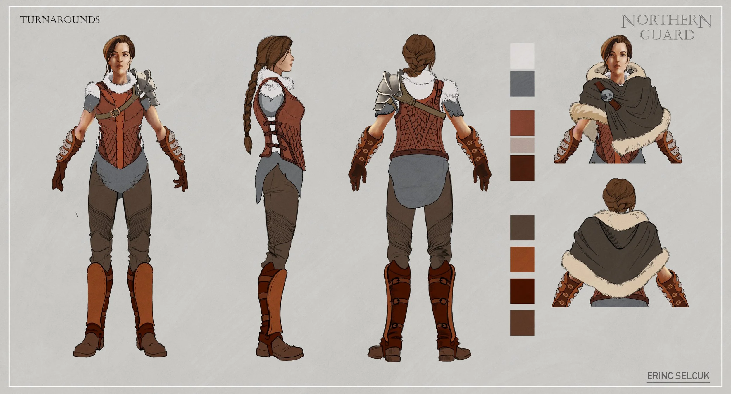 Character turnaround designs for a female warrior, shown from front, side, and back views. She wears armor with fur accents, leather gloves, and boots, with a color palette including shades of gray, brown, and red. The image includes a color swatch l