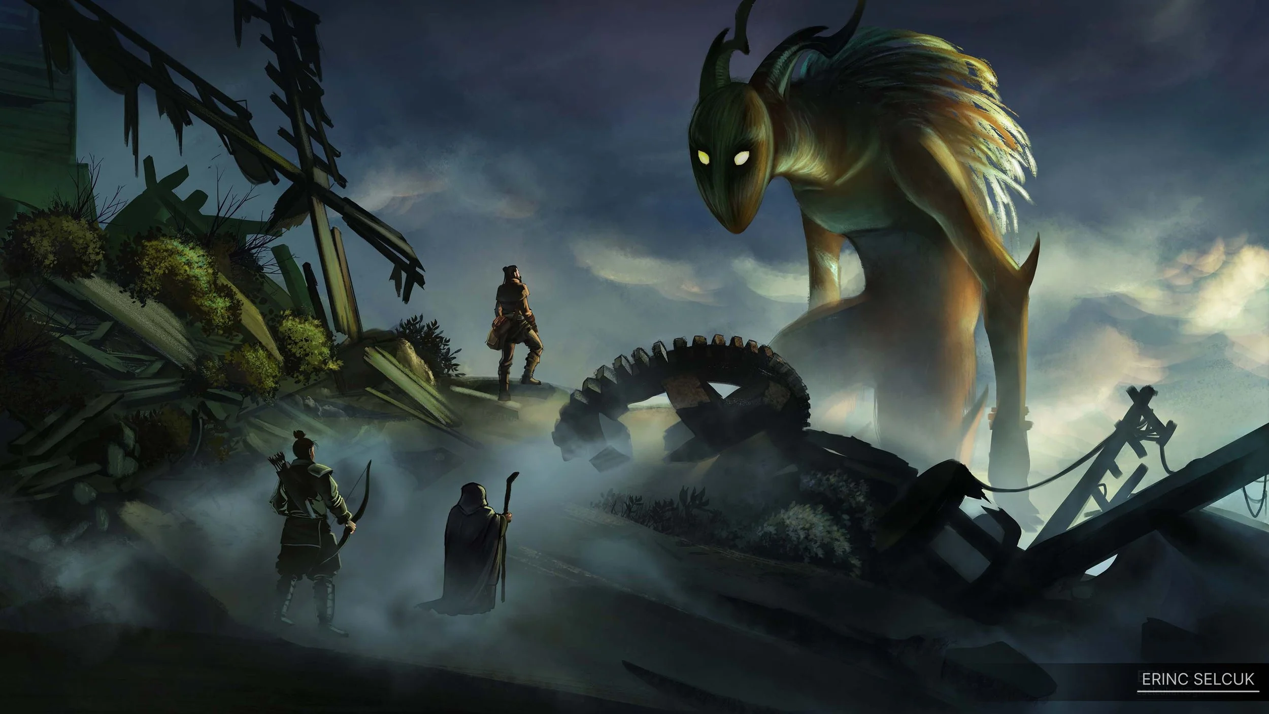 A digital painting depicting four adventurers facing a massive, monstrous creature with glowing yellow eyes, large horns, and a humanoid body. The setting appears post-apocalyptic with broken structures and scattered debris, under a dark, cloudy sky.