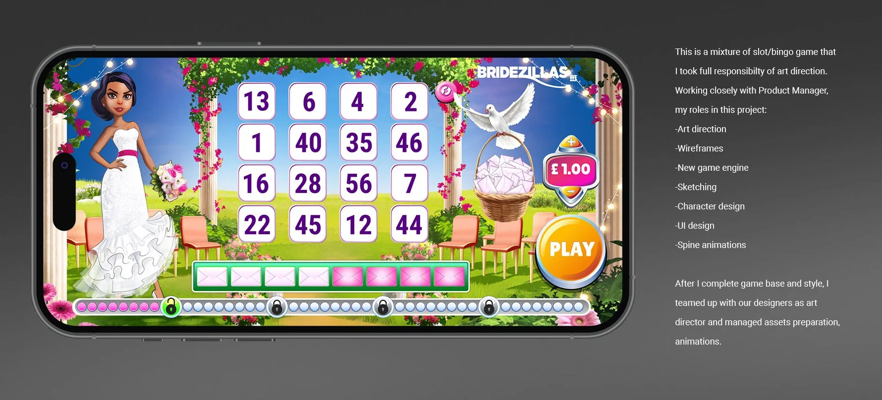 Mobile screen displaying a wedding-themed slot or bingo game with numbered tiles, a bride with a bouquet, greenery, pink flowers, and chairs in the background.