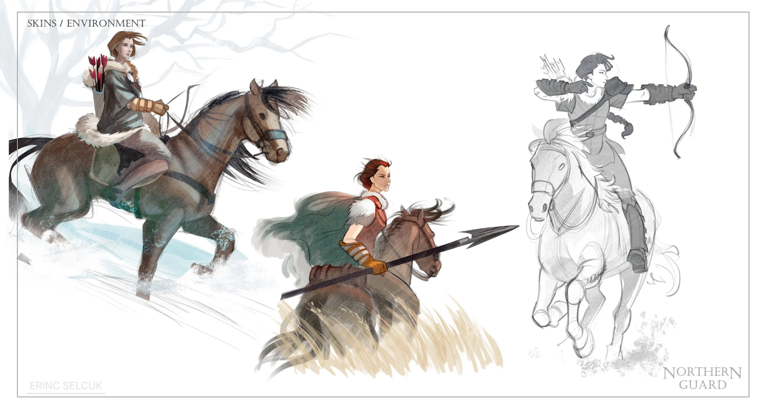 Character concept art of 'Northern Guard' warrior. Exploring poses in action in different climates