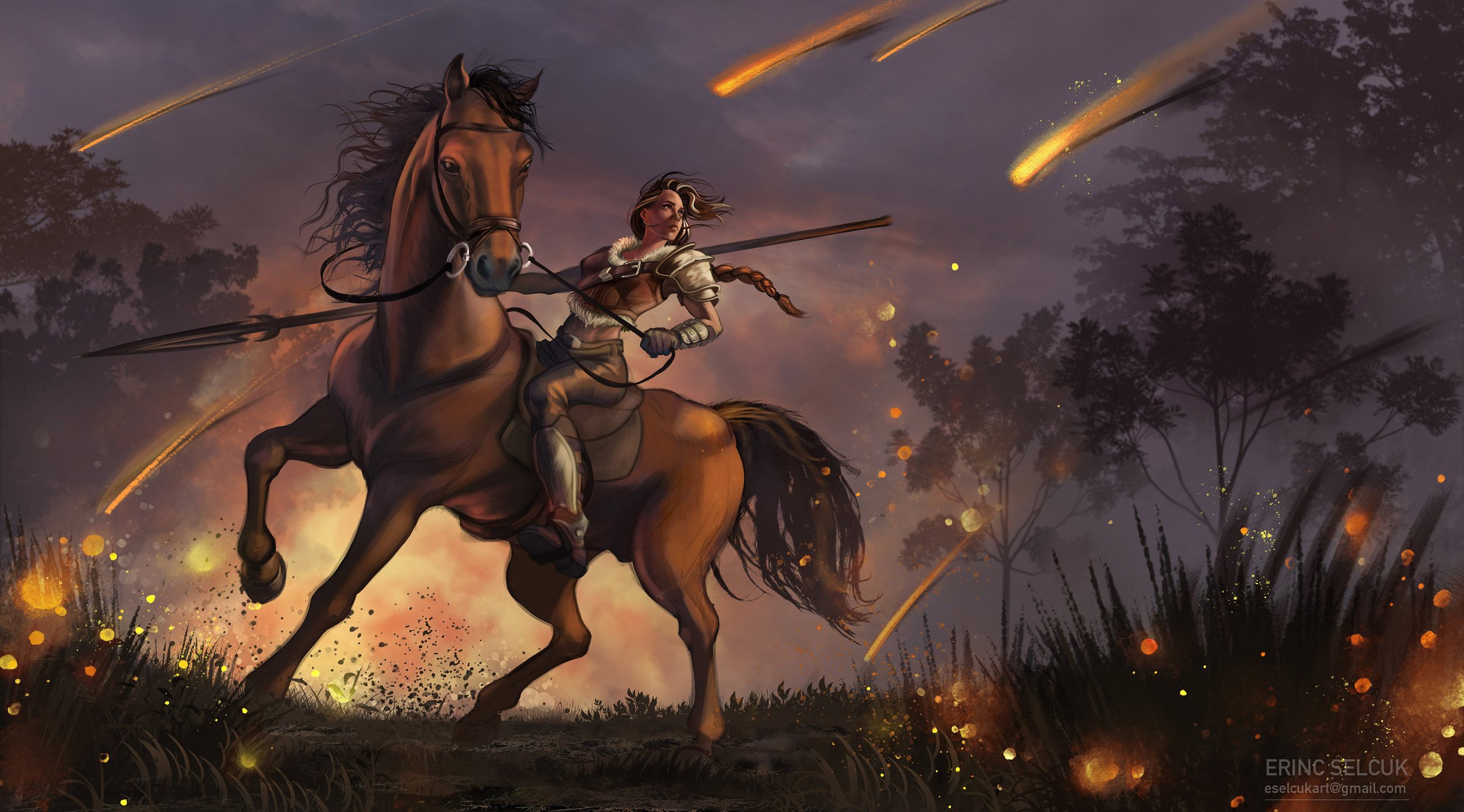 A digital painting of a female warrior with braided hair riding a galloping brown horse through a chaotic battlefield at dusk. She wields a spear and wears armor with fur accents. The sky is filled with fireballs and fiery trails, with dark smoke and