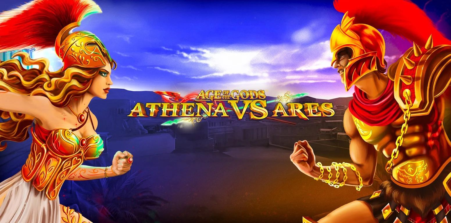 Artwork depicting Athena and Ares facing off, with the text 'Age of the Gods Athena vs Ares' in the center, set against a backdrop of ancient Greece and a glowing sky.