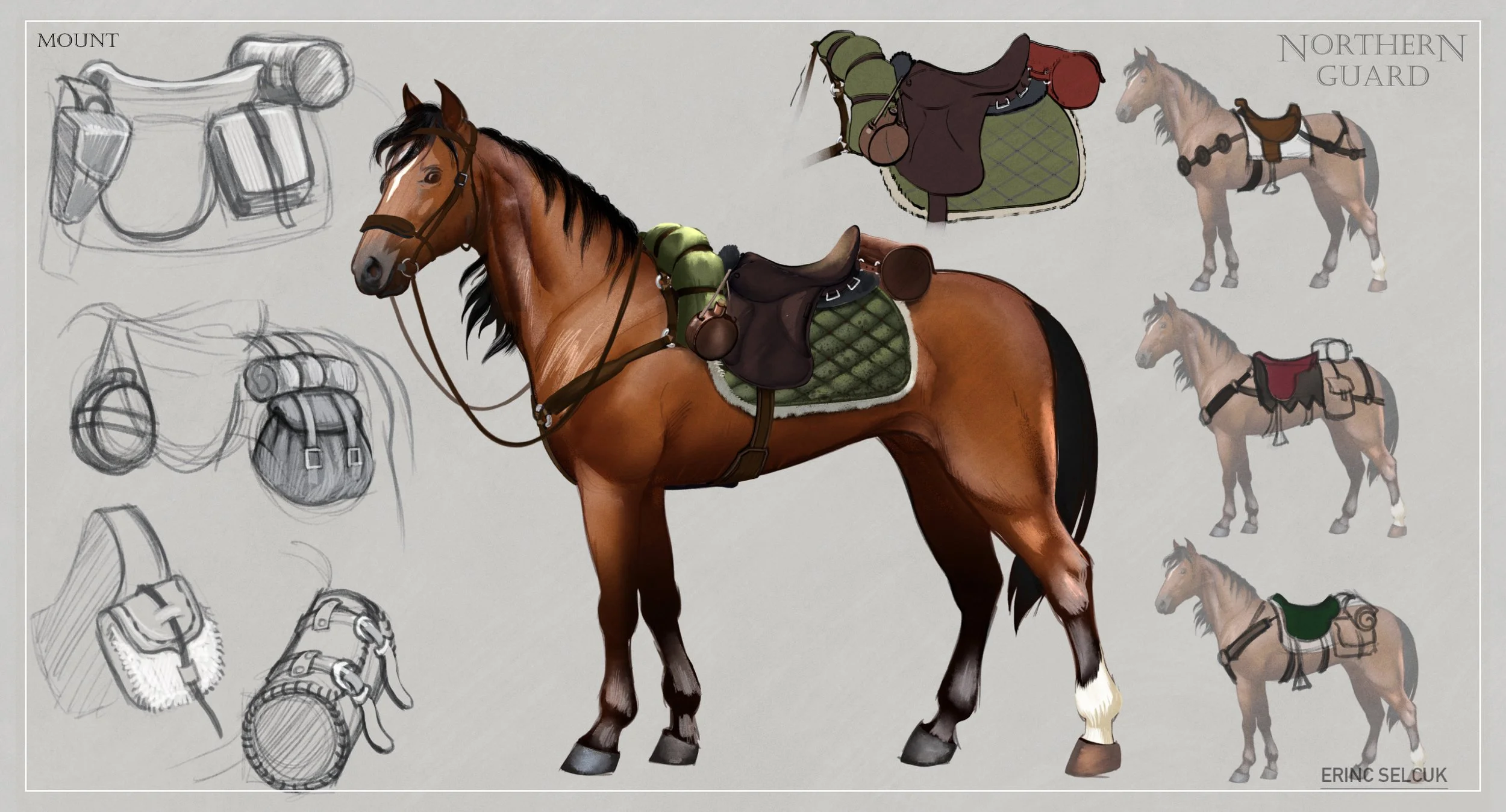 Illustration of a horse with a saddle and riding gear, including a green quilted saddle pad, a brown saddle, and various saddle bags. The image shows a detailed colored depiction of the horse, along with black and gray sketch-style drawings of differ
