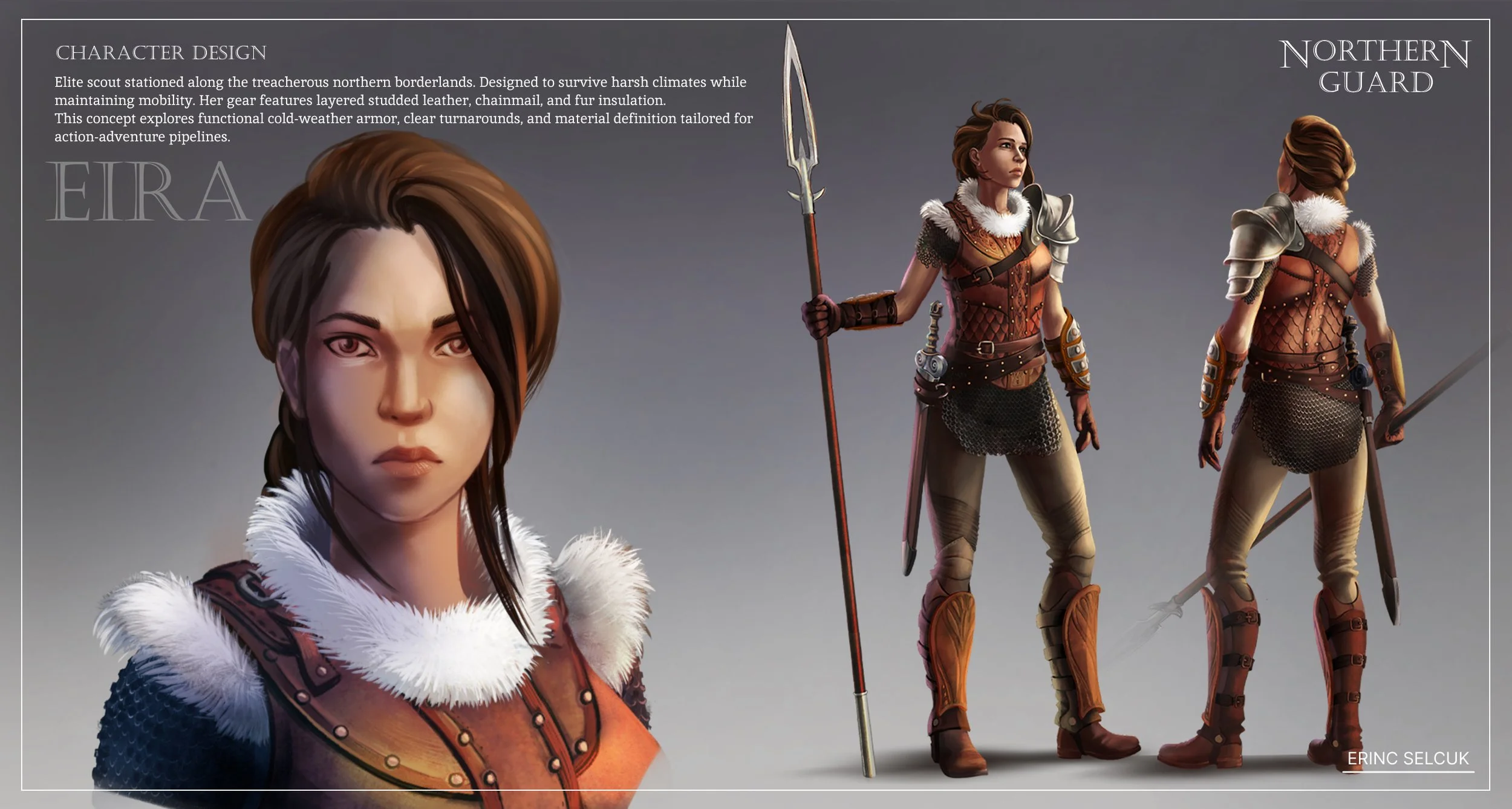 Character Concept art of 'Northern Guard' warrior in armor, holding a spear, with layered leather, chainmail, and fur, shown in frontal, side, and back views.
