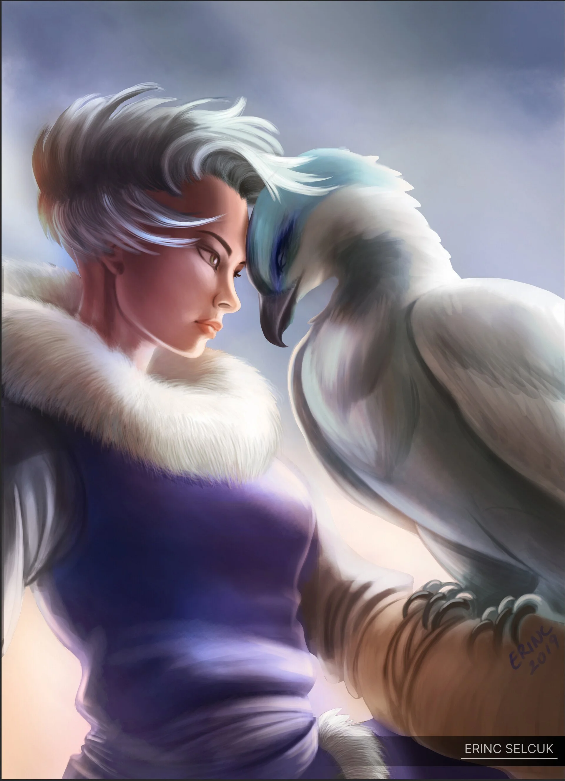A fantasy style digital painting of a woman with white and gray hair and a white fur collar, facing a large white bird with blue accents, against a cloudy sky background.