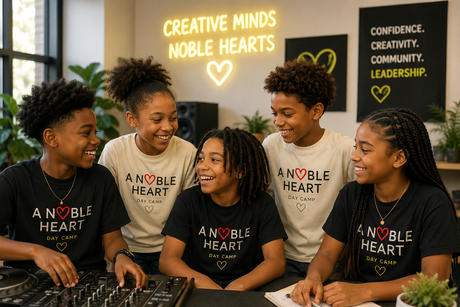 A group of five diverse children smiling and talking at a day camp called 'Noble Heart' in a classroom or activity room, with a DJ mixer and notebooks on the table, and motivational posters on the wall.