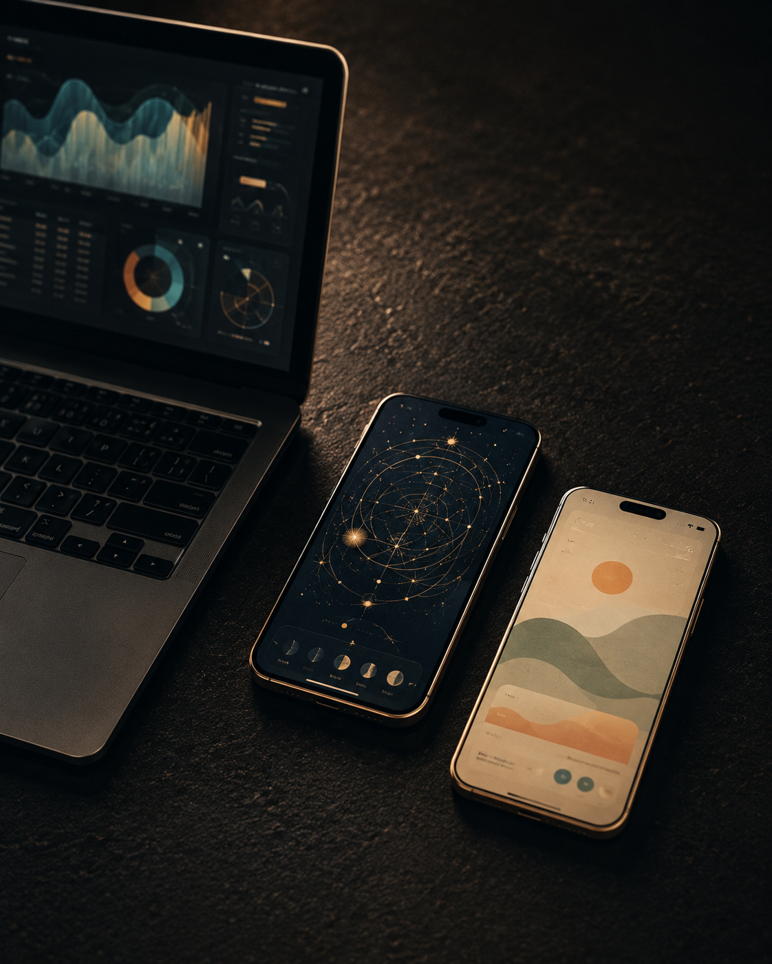 Laptop with data graphs and charts on the screen, two smartphones with constellation and sun landscape wallpapers on a dark textured surface.