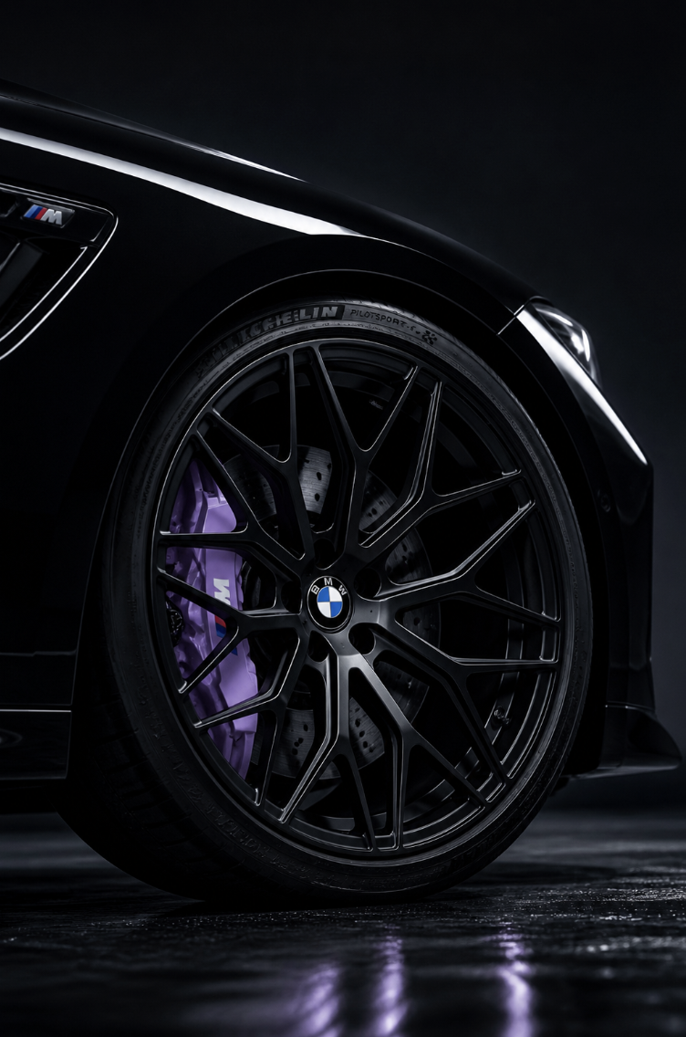 Détail d'une jante noire de voiture BMW M avec frein à disque violet, dans un environnement sombre et réfléchi.