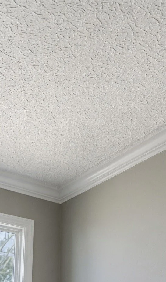 Ceiling with textured popcorn finish and white crown molding in a room with beige walls and a window.