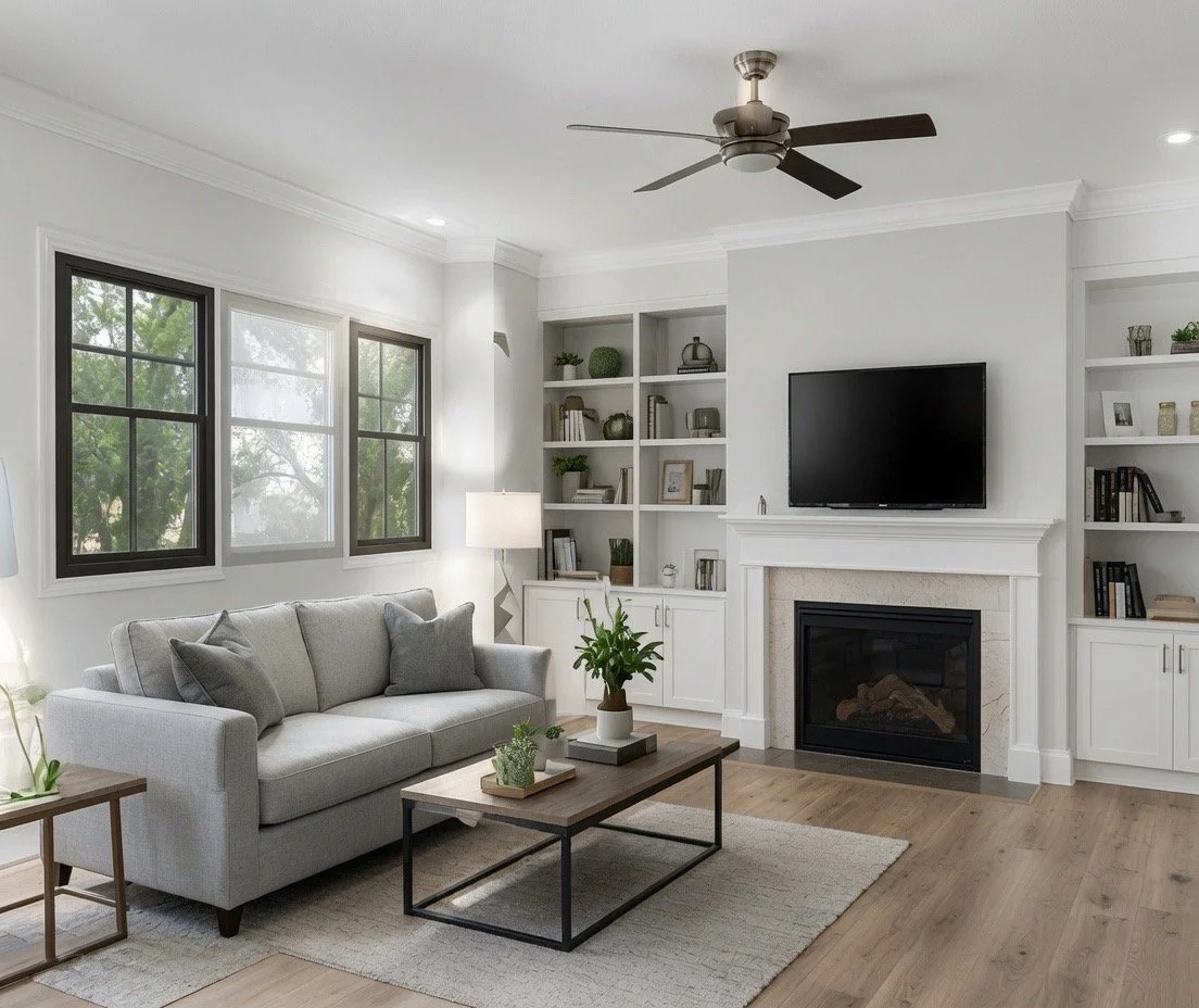 Living room with a white sofa, a wooden coffee table with plants, a fireplace, and built-in bookshelves, large windows with black frames, ceiling fan, and neutral decor.