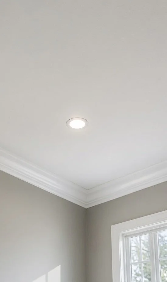 Ceiling with recessed light and crown molding in a room with gray walls and a window