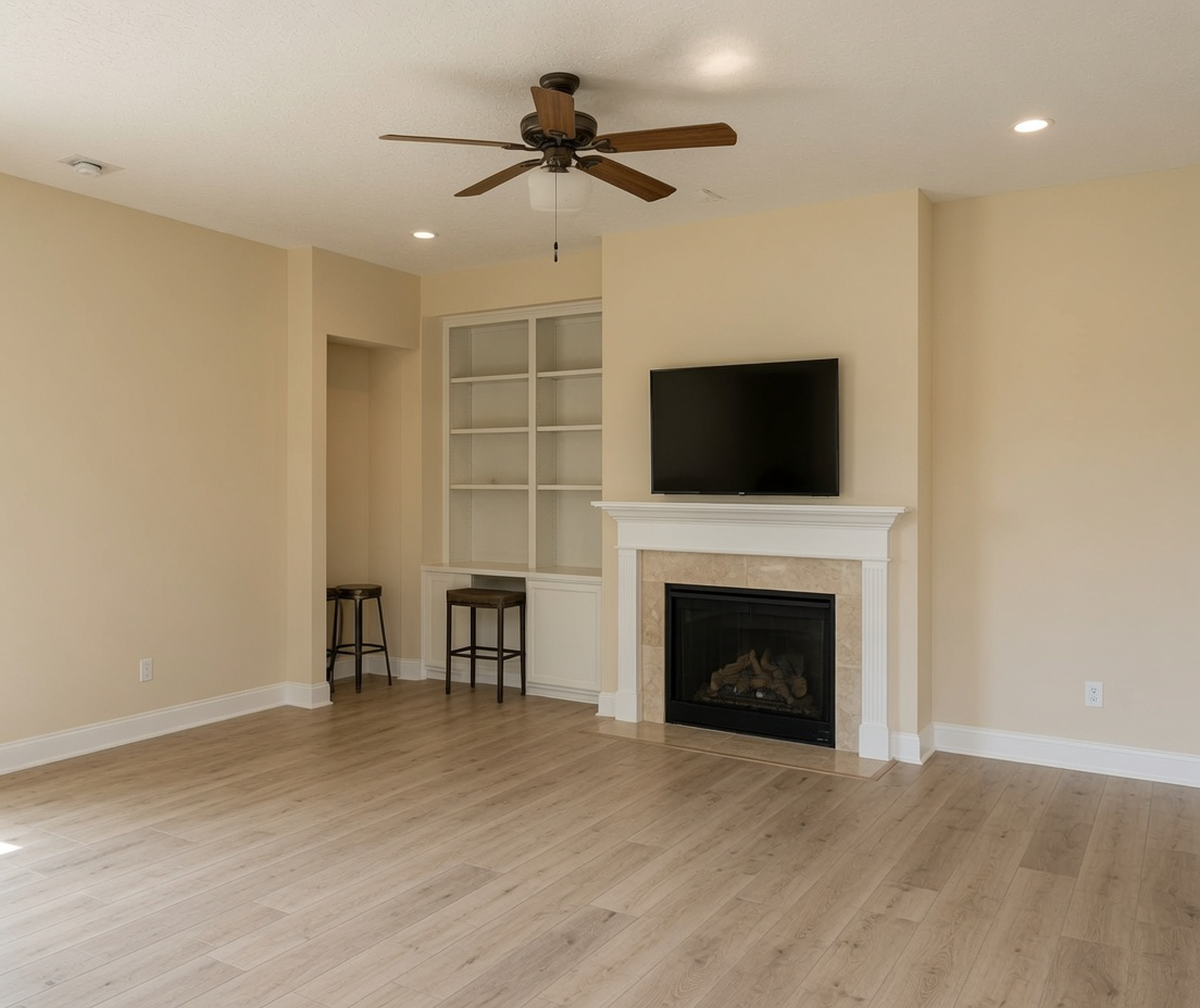 Empty living room with beige walls, a ceiling fan, a fireplace with a mounted TV above, built-in bookcases, and light wood flooring.