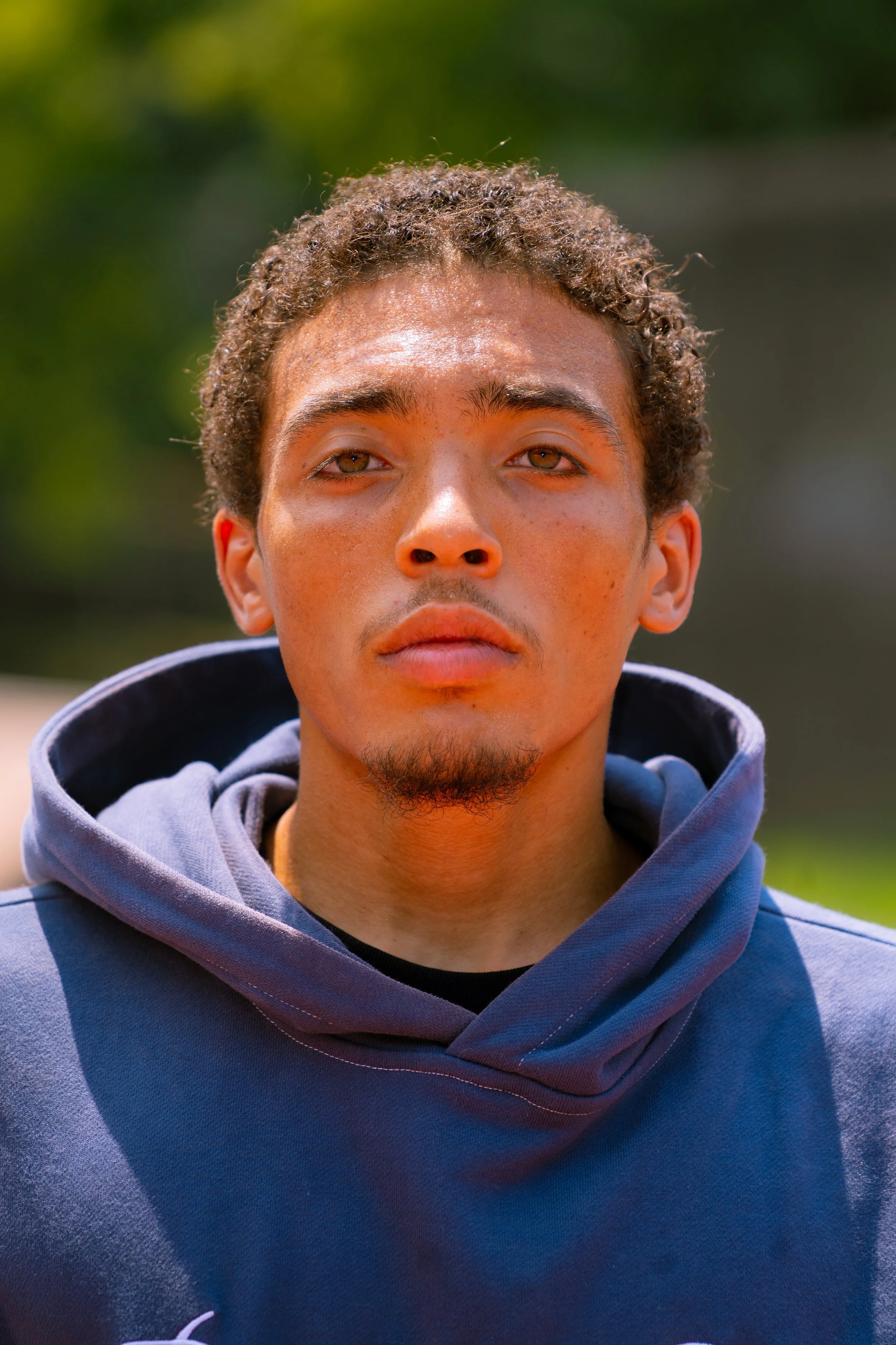 Close-up of a young man with curly hair, wearing a blue hoodie outdoors on a sunny day.