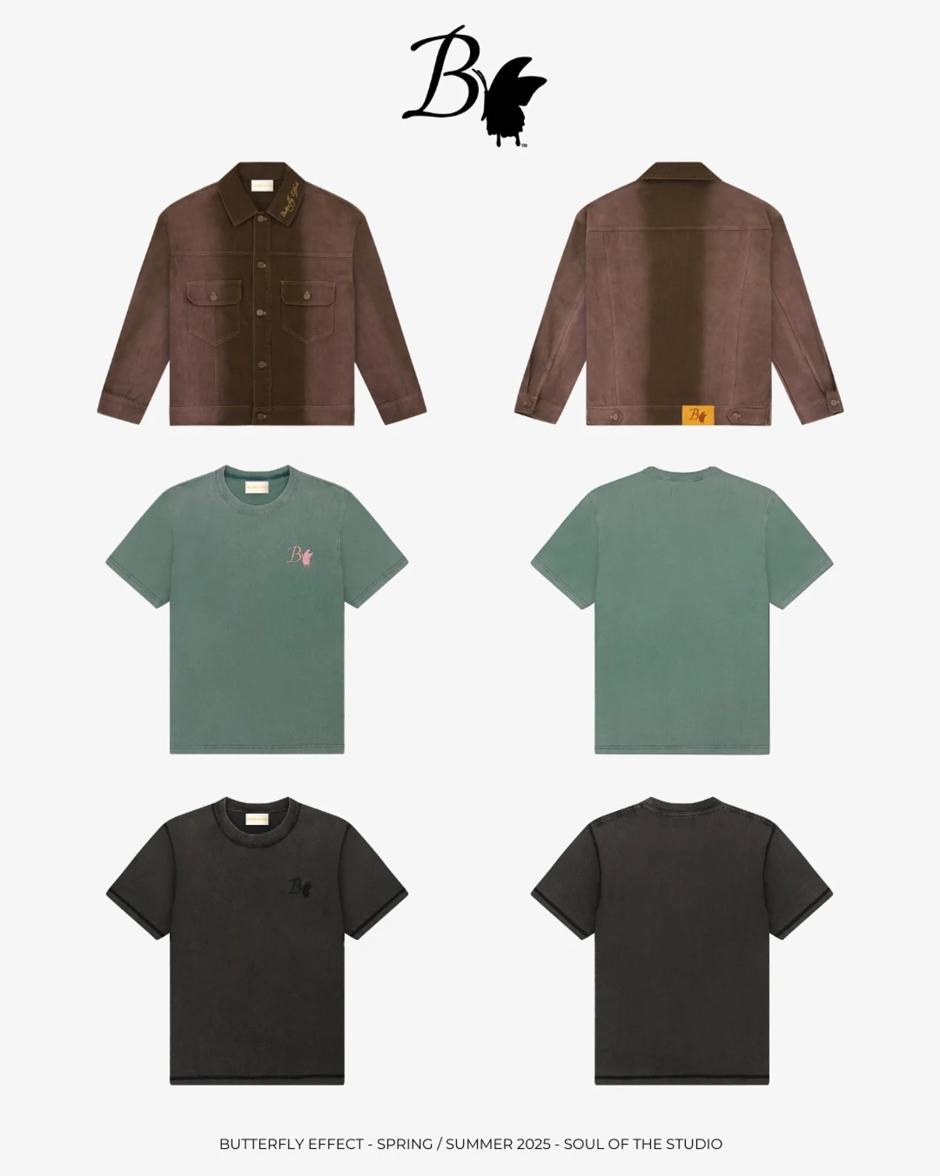 Display of three T-shirt and jacket sets in different colors: brown, green, and black, with butterfly branding, part of the Butterfly Effect Spring/Summer 2025 collection by Soul of the Studio.
