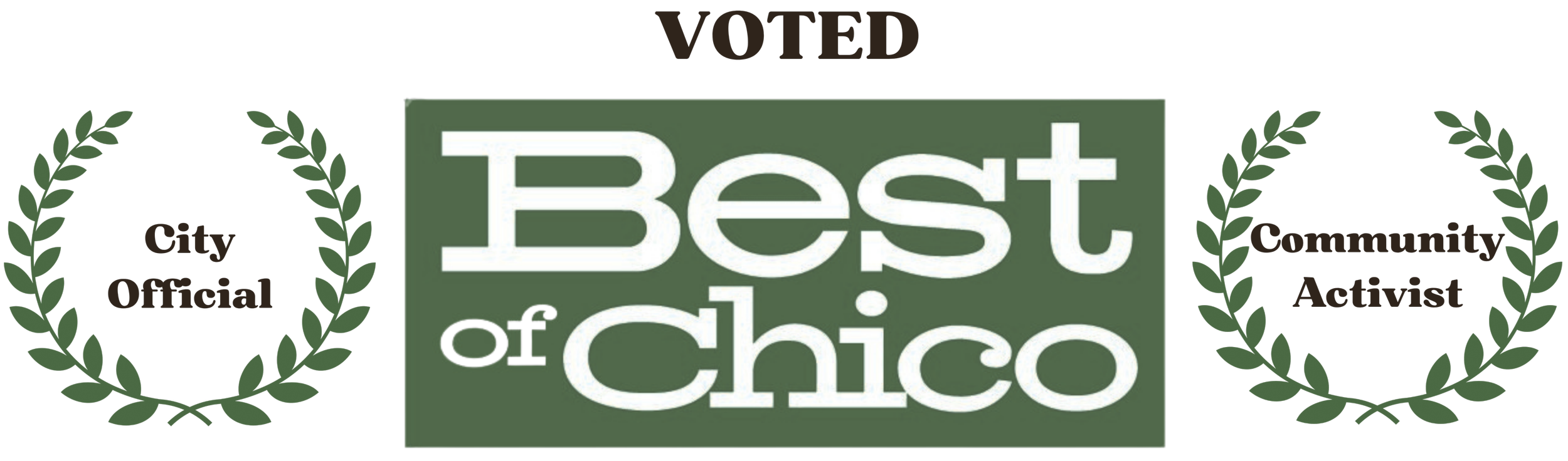 Best of Chico award graphic showing Addison Winslow recognized as Voted Best City Official and Best Community Activist, with green laurel wreaths surrounding each award.