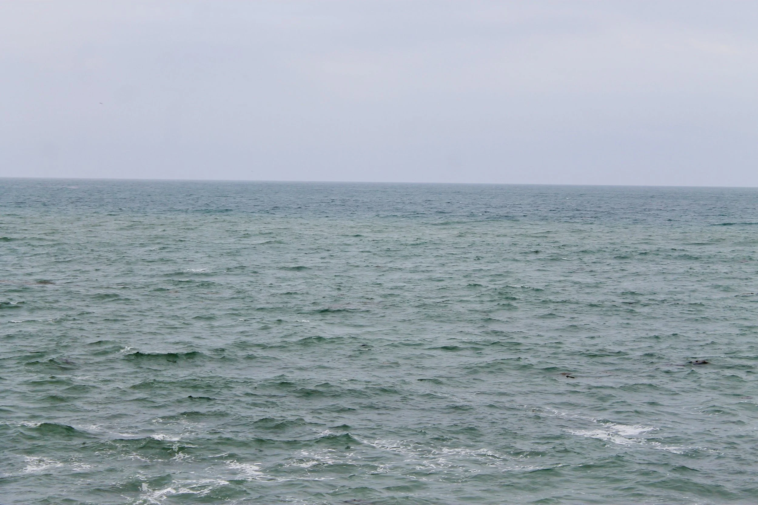 Ocean with gentle waves under a cloudy sky.