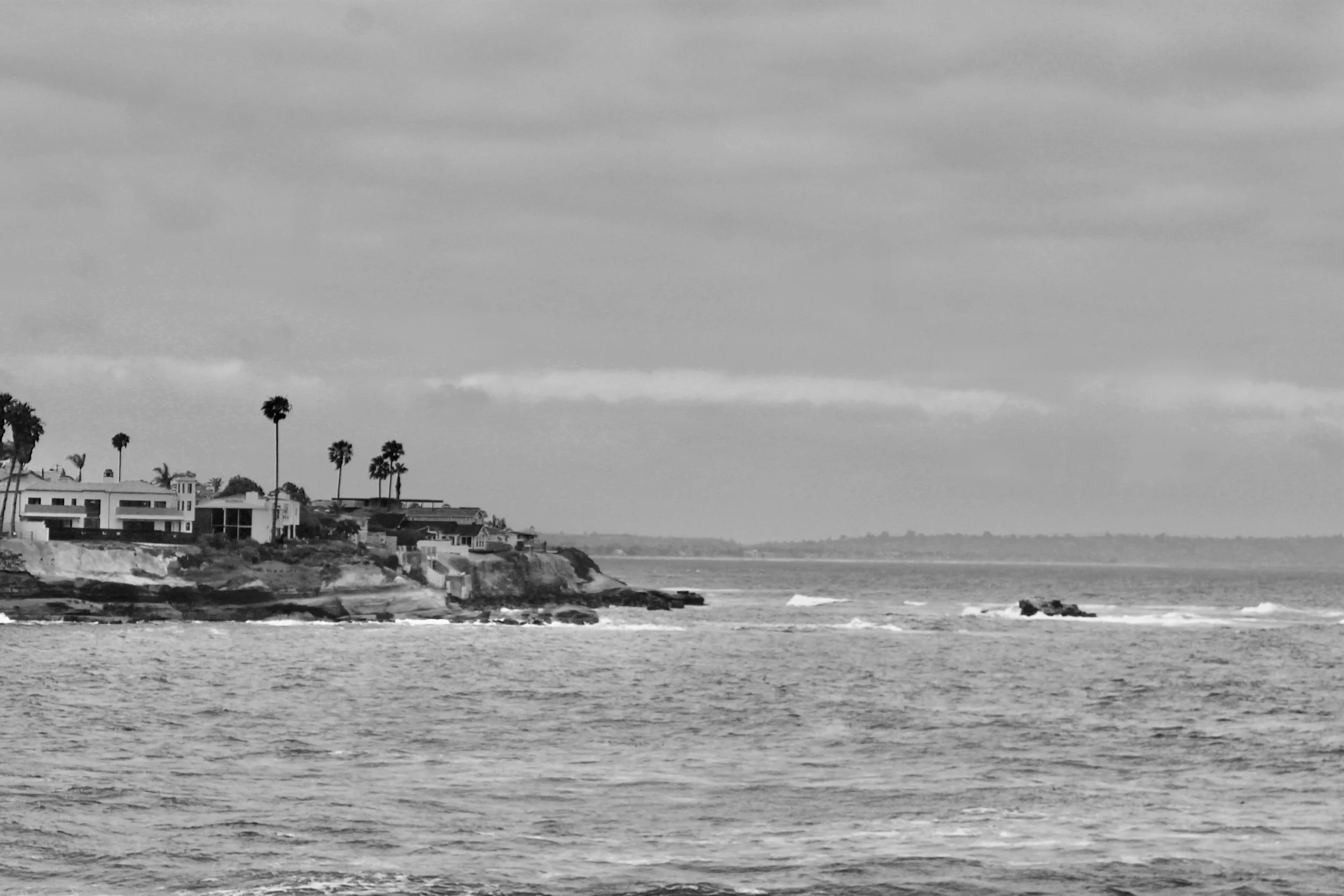 A black-and-white photo of a coastal scene showing houses and palm trees on a cliffside overlooking the ocean under a cloudy sky.