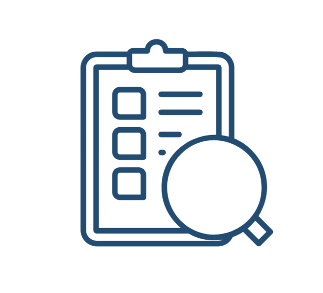 Line drawing of a clipboard with a magnifying glass in front.
