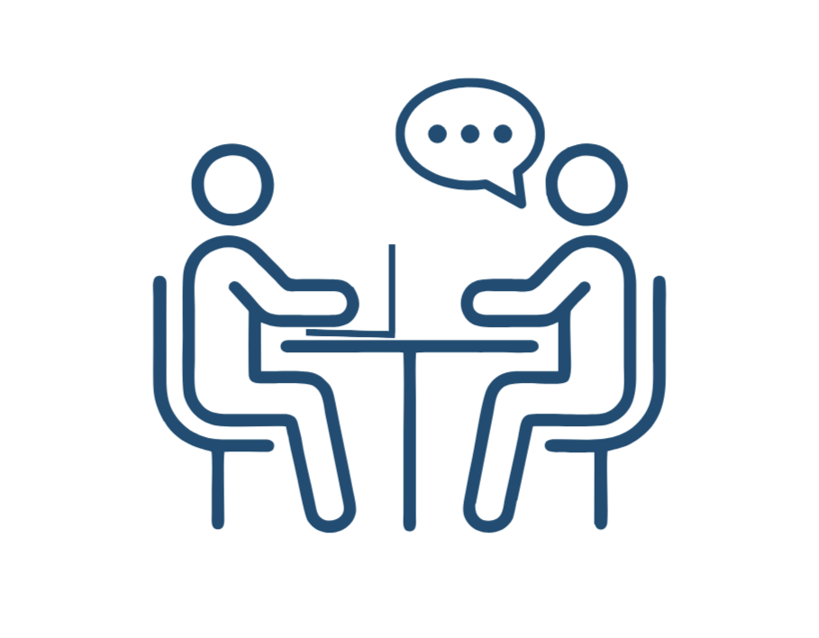 Line drawing of two people sitting across from each other at a table, engaging in conversation, with a speech bubble above them.