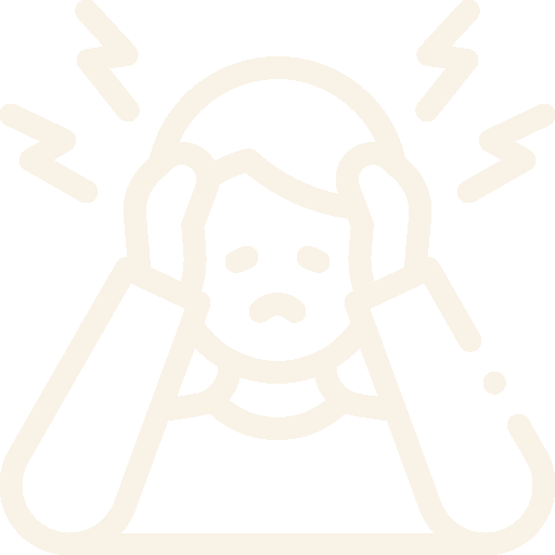 Outline drawing of a person covering ears with hands, with lines indicating loud noise or distress.