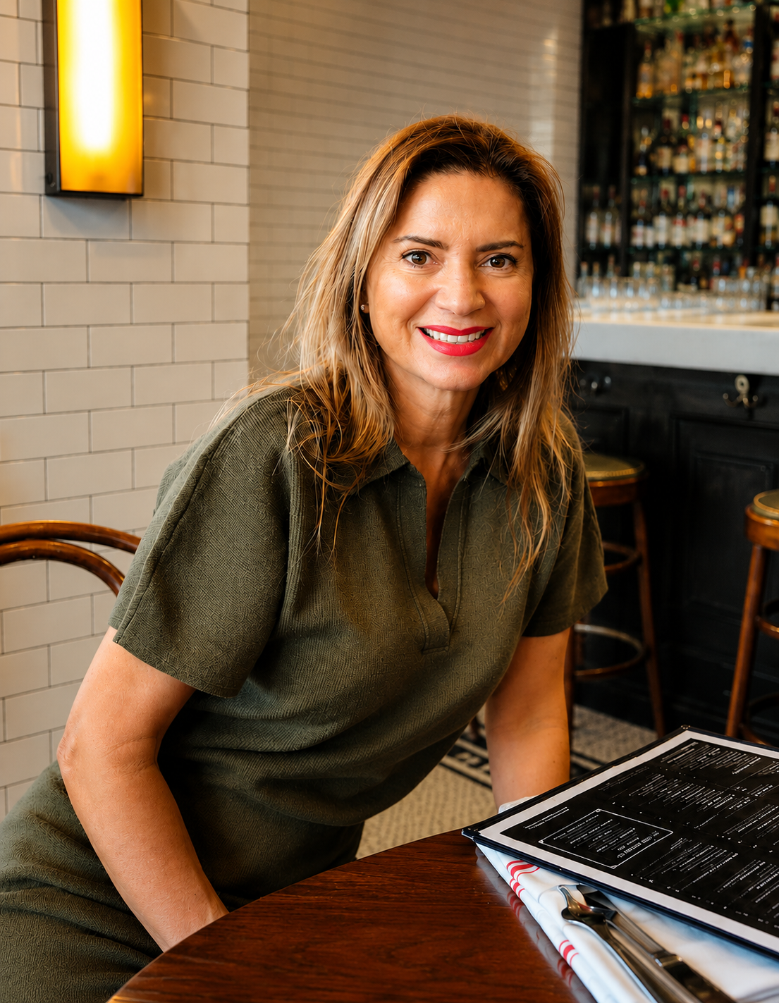 Rosana Santos Calambichis seated at a restaurant table, smiling, with a bar and menu in view