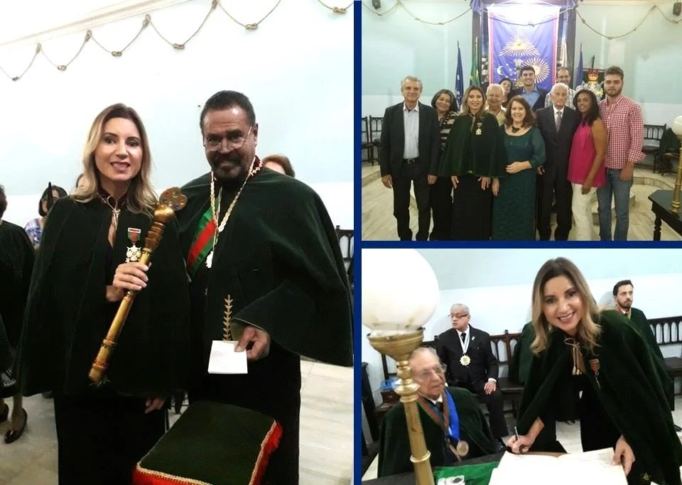 Collage of three photos from a formal event or ceremony. The first photo shows a woman holding a staff standing next to a man in academic robes. The second photo features a group of people standing in front of a blue banner with a sun emblem. The third photo depicts a woman signing a document at a table, with other formally dressed people in the background.