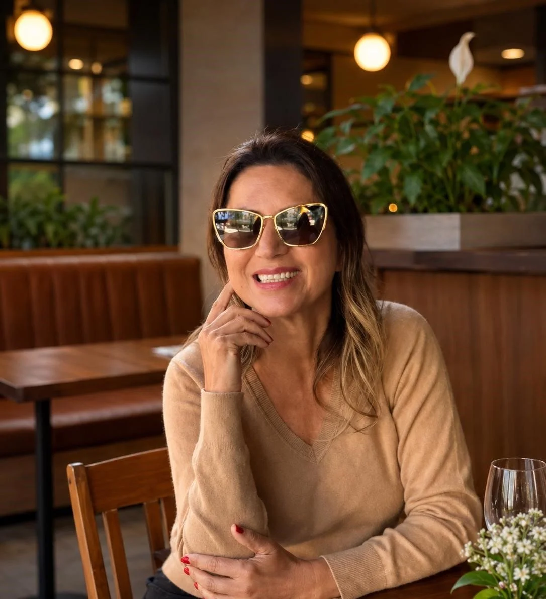 A woman with long brown hair wearing large sunglasses and a beige sweater sitting at a restaurant table with a glass of wine and flowers, smiling.