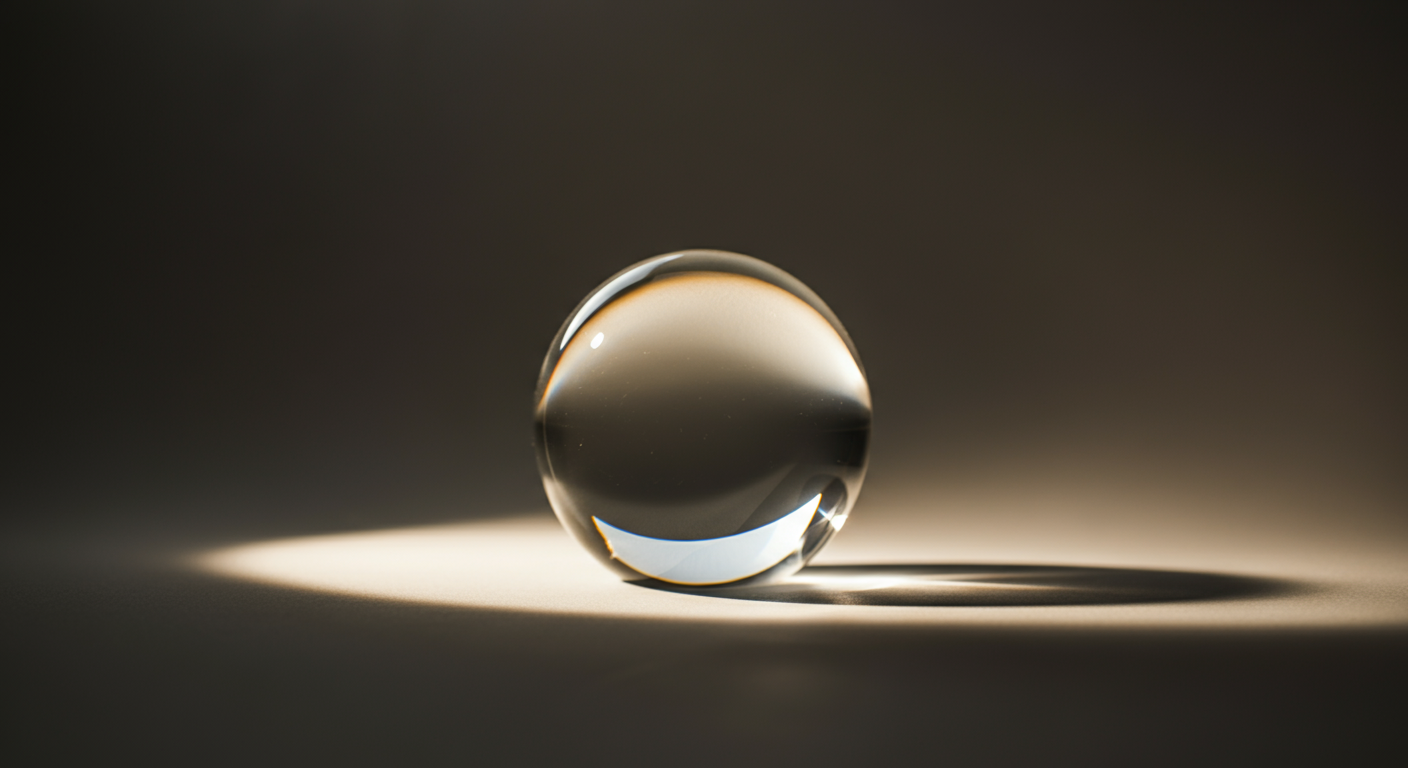 Close-up of a transparent glass marble on a smooth surface with a shadow, illuminated from the side.