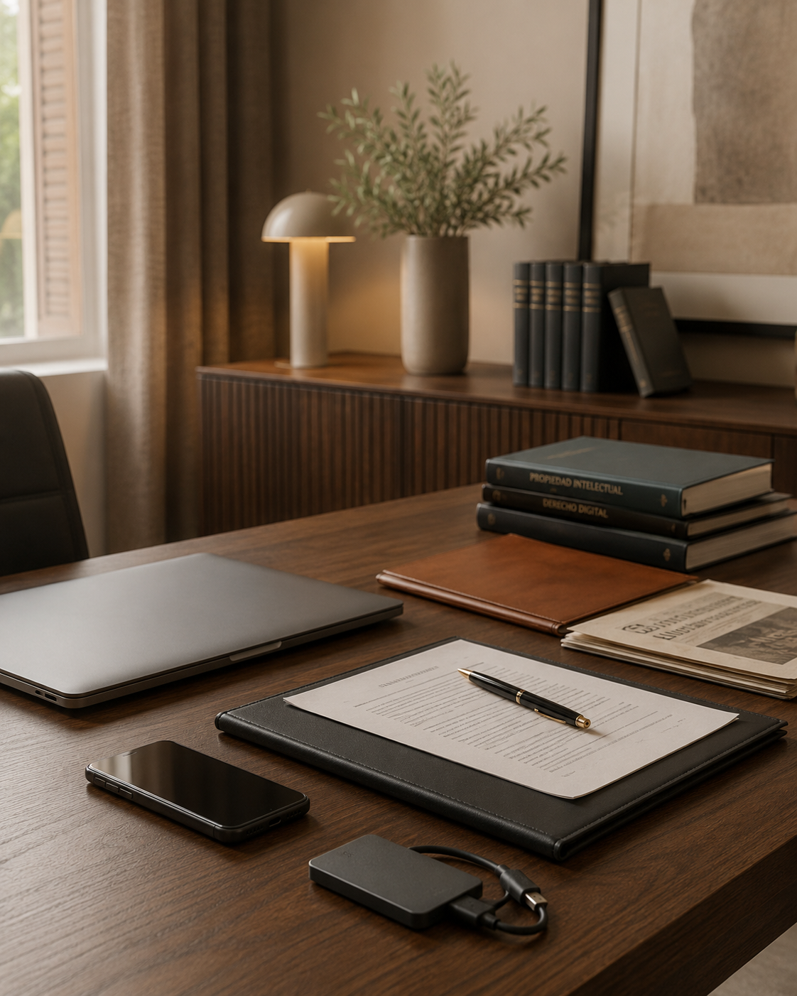 escritorio de un estudio jurídico con  papeles de trabajo