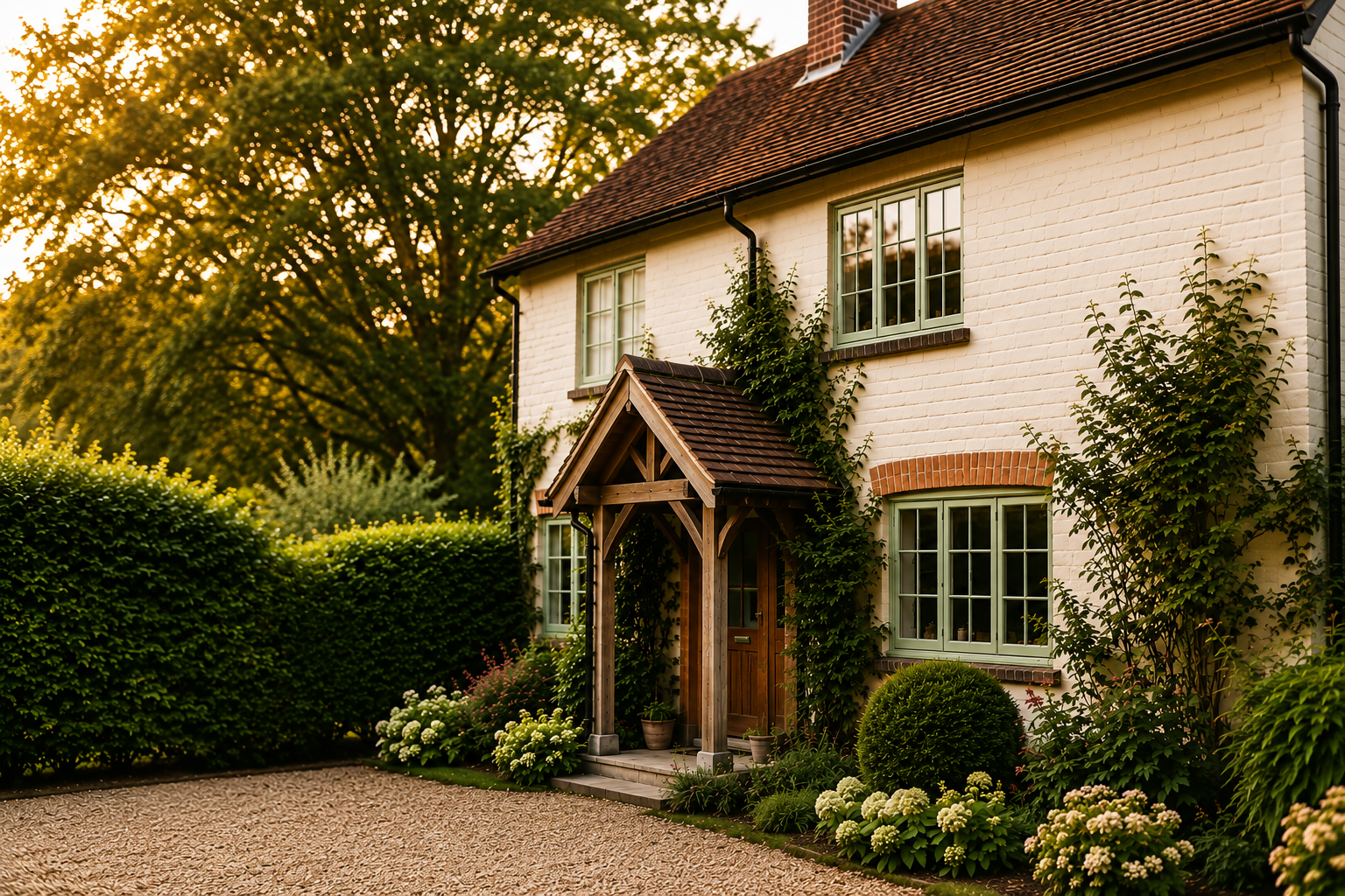 A charming two-story house with white brick exterior and green window frames, surrounded by lush greenery and flowering plants, with a small porch and gravel pathway in the foreground, bathed in warm sunlight.