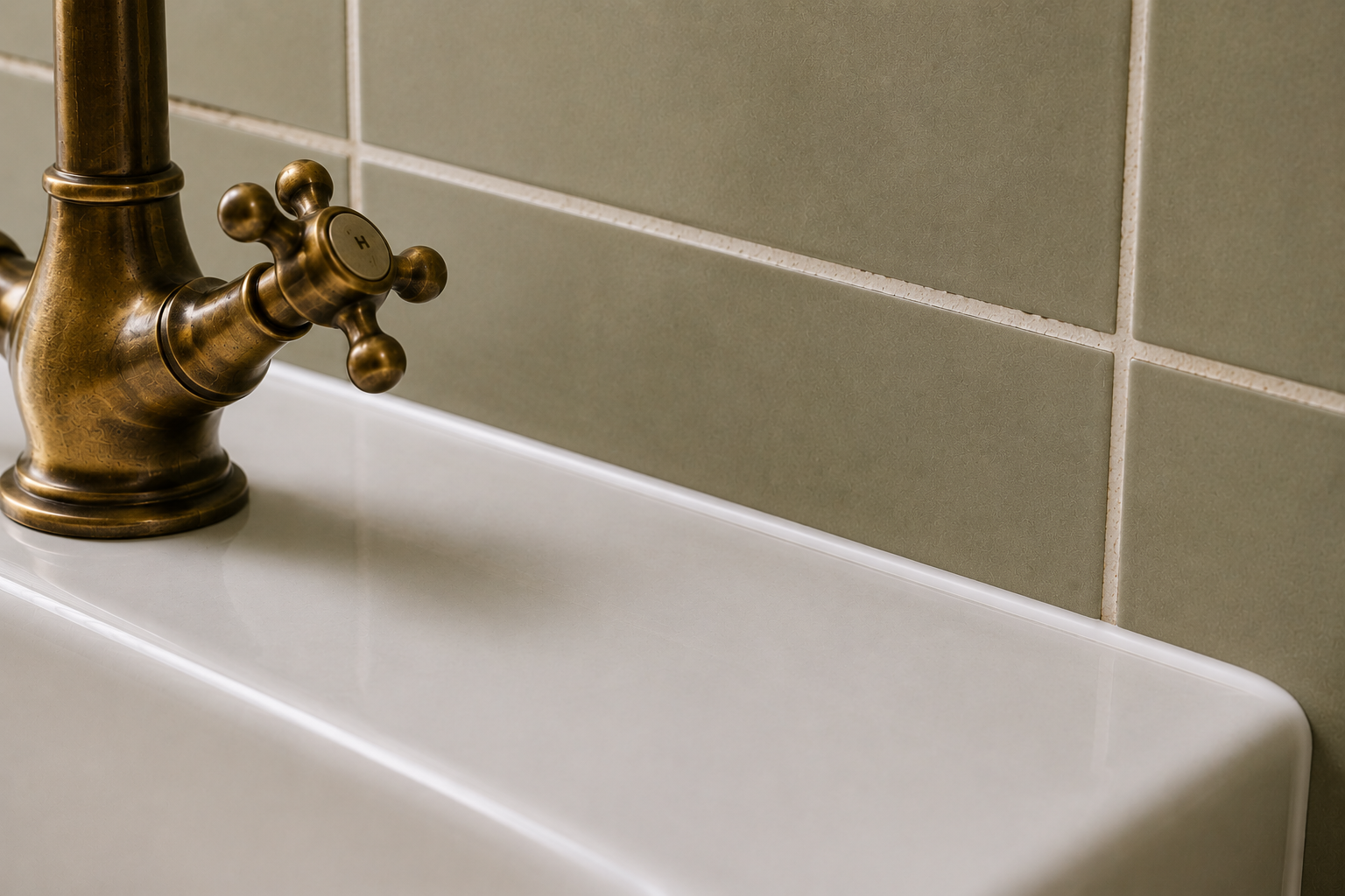 Close-up of a vintage brass faucet handle mounted on a white sink, with green tiled wall in the background.