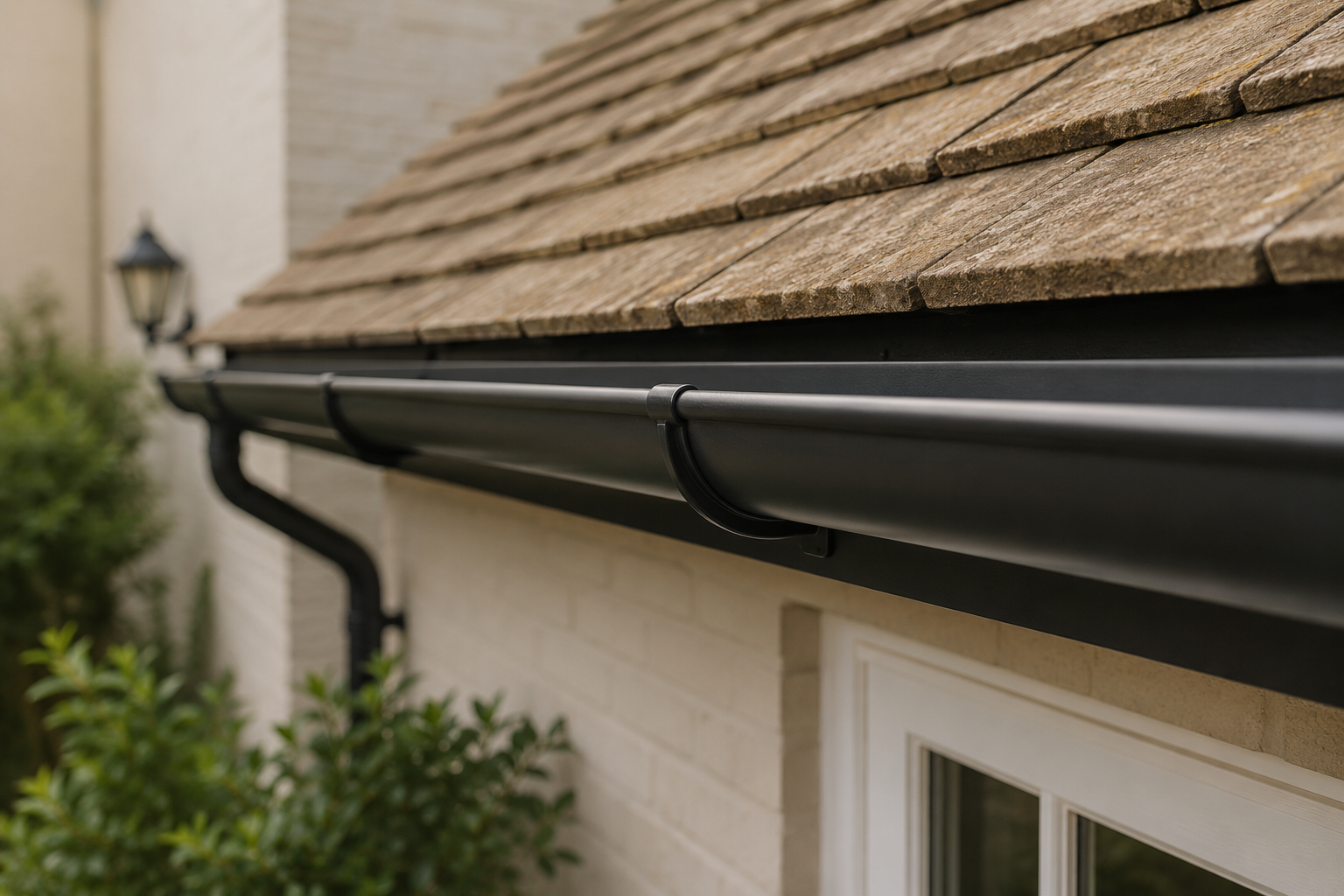 Close-up of a black gutter on a house with a sloped, shingled roof and a window below, with bushes and a lamp post in the background.
