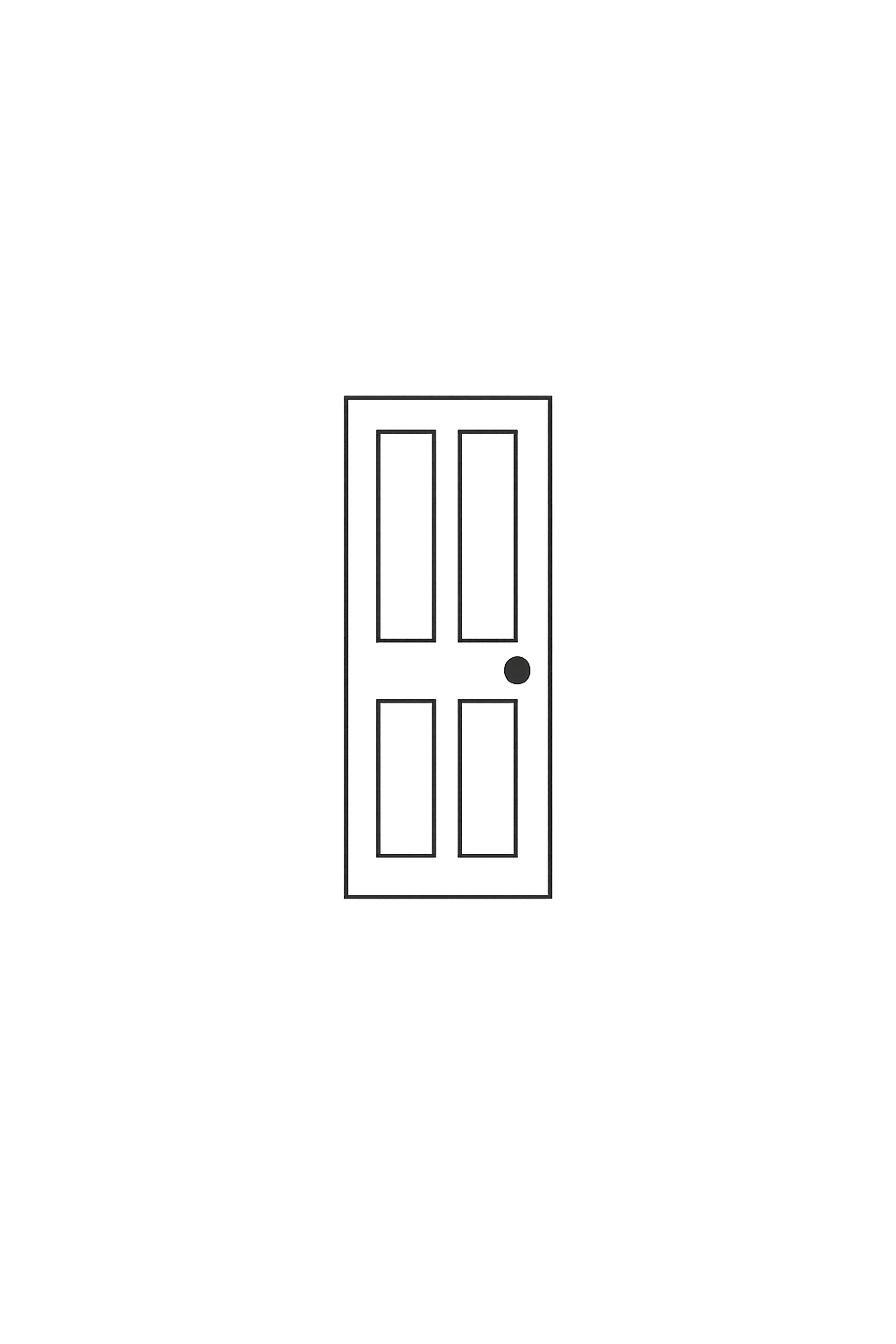 A black-and-white illustration of a door with four rectangular panels and a doorknob in the middle right.