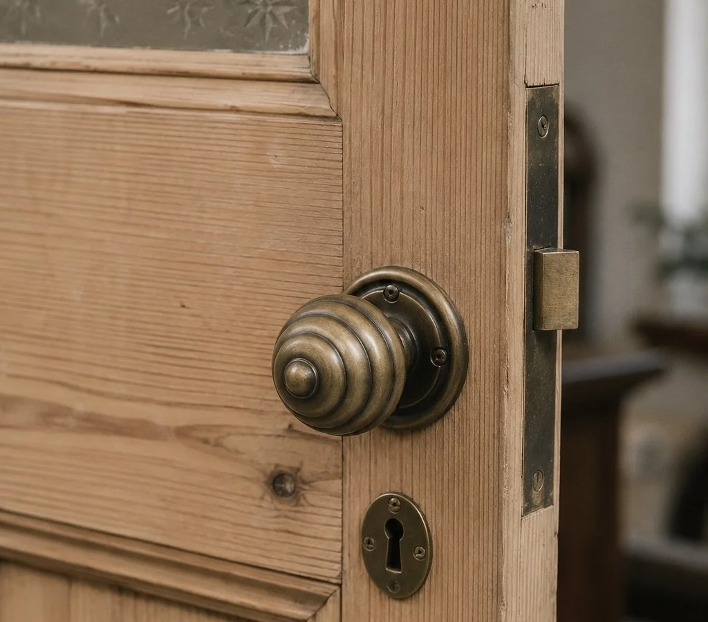 A wooden door with a vintage brass doorknob and a keyhole beneath it.