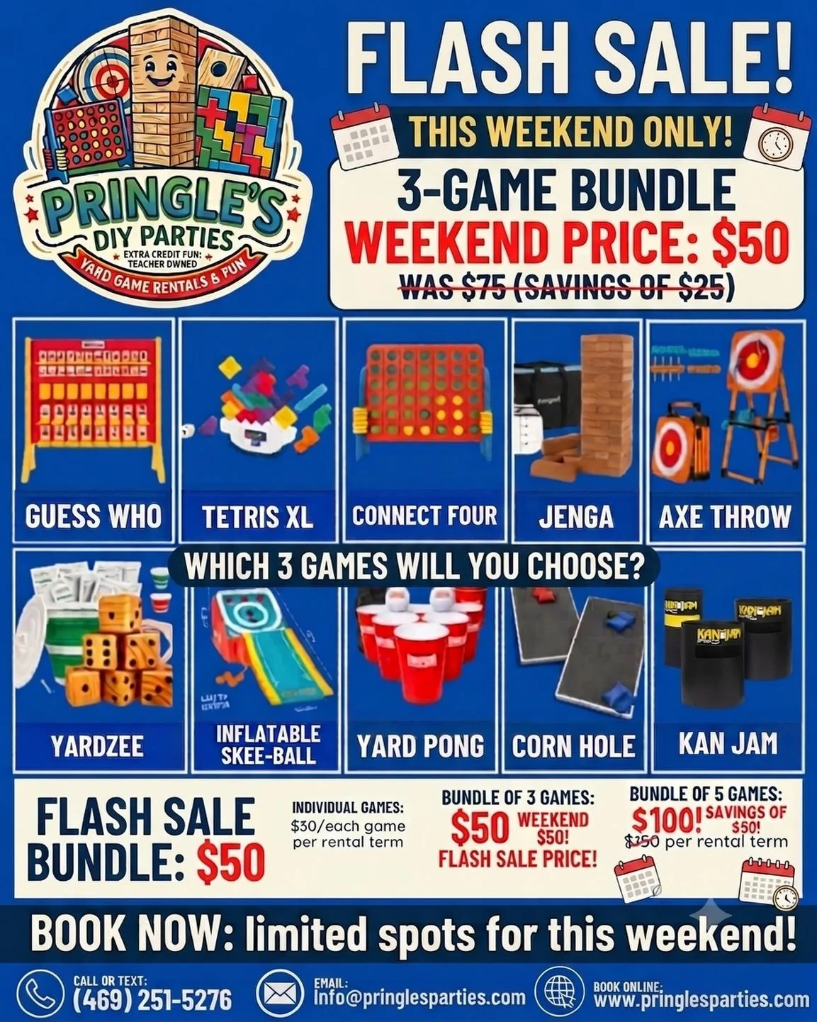 Flash Sale - This weekend only! 7/10-7/12! All 3 game bundles are discounted to $50! That&rsquo;s a savings of $40 on our most popular bundle! 

We have ALL YARD GAMES available this weekend, so why not have a flash sale?!? Maximize your weekend with